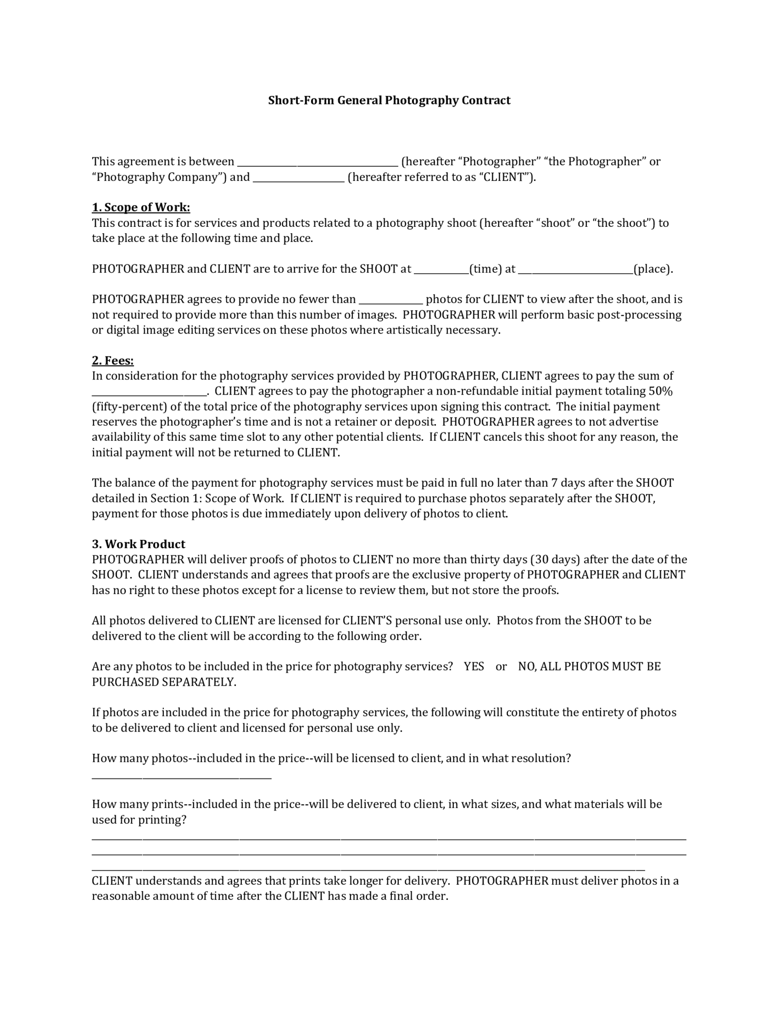 Fillable Photography Contract Template - Thumbnail