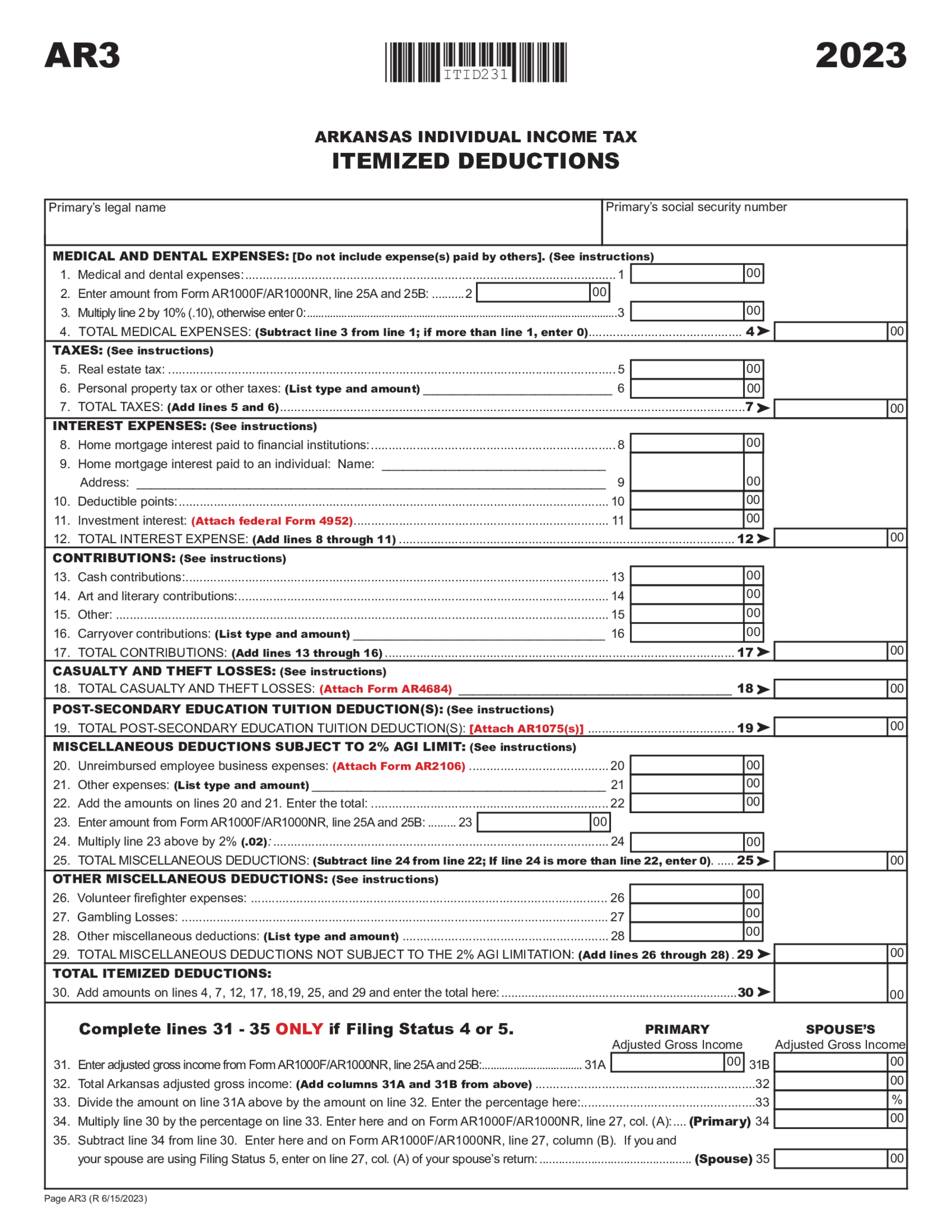 Arkansas Form AR3 Itemized Deduction - Thumbnail