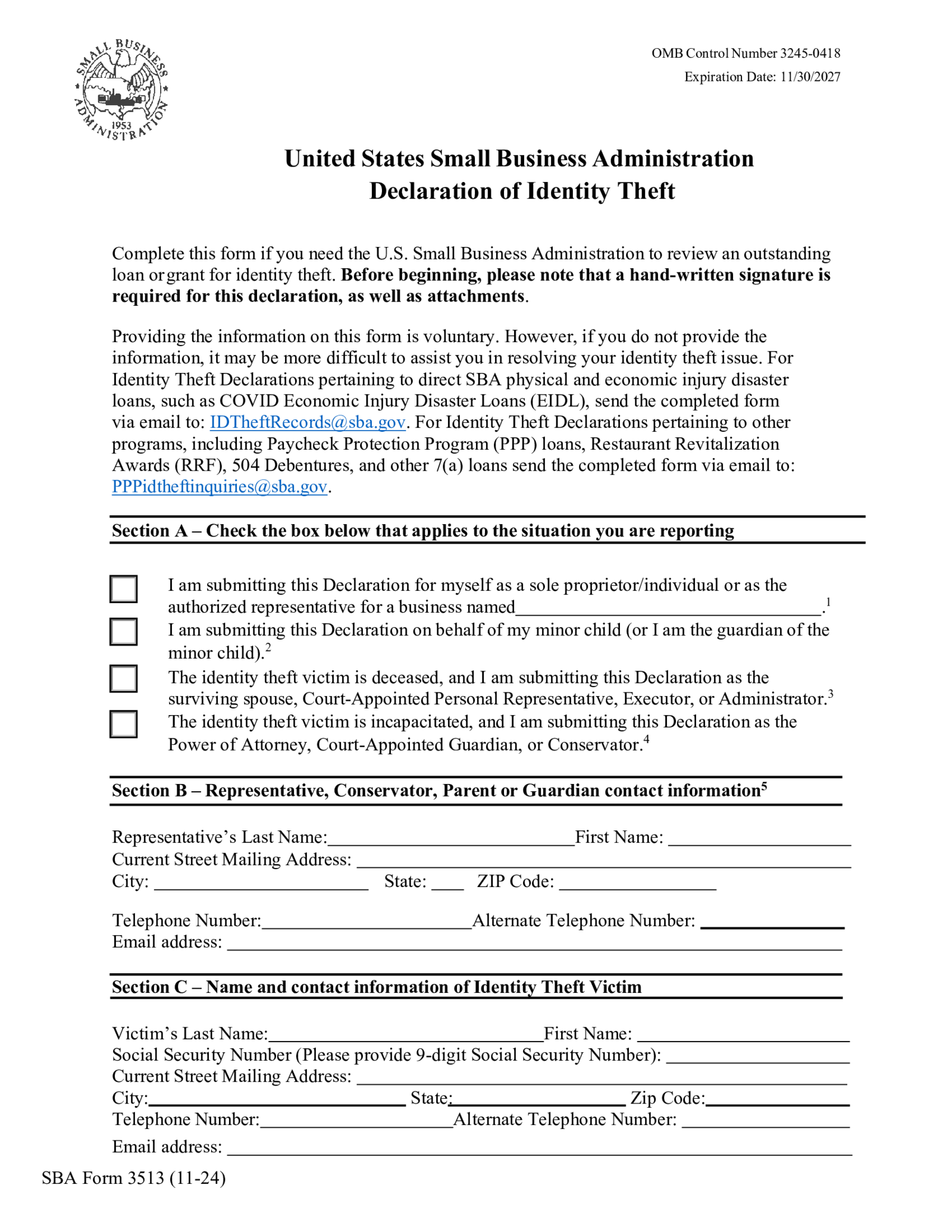 SBA Form 3513 - Declaration of Identity Theft - Thumbnail