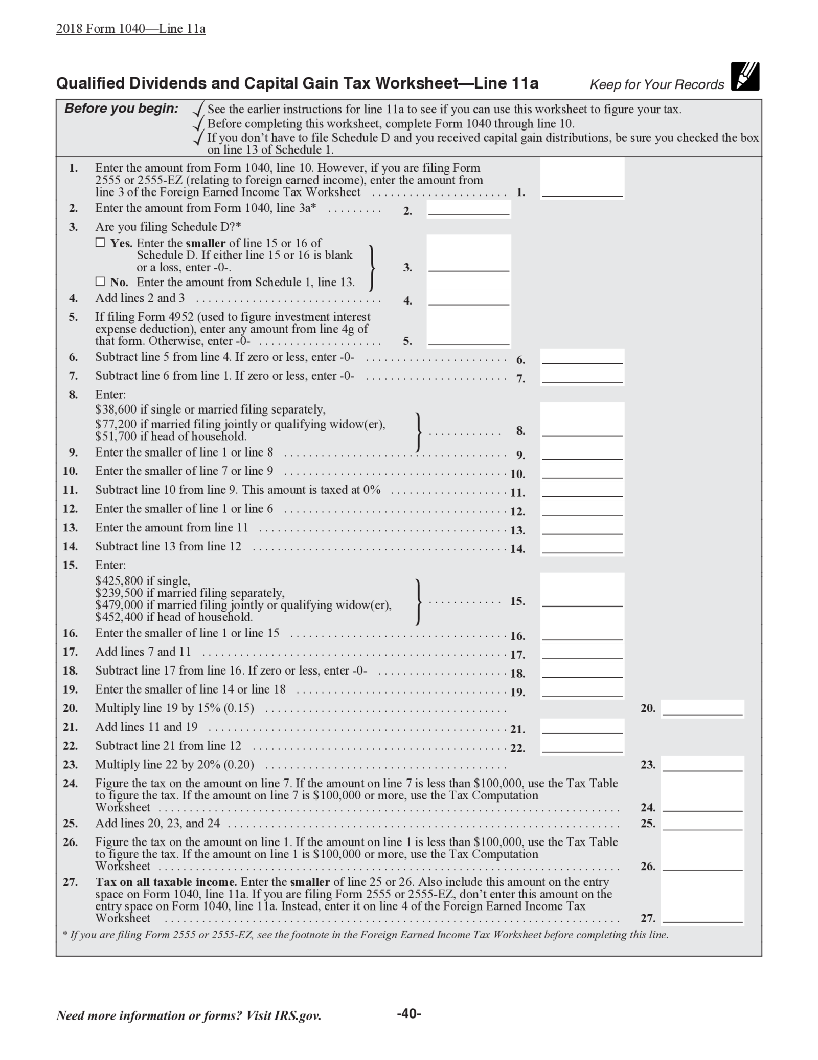 Qualified Dividends and Capital Gain Tax Worksheet (2018) - Thumbnail