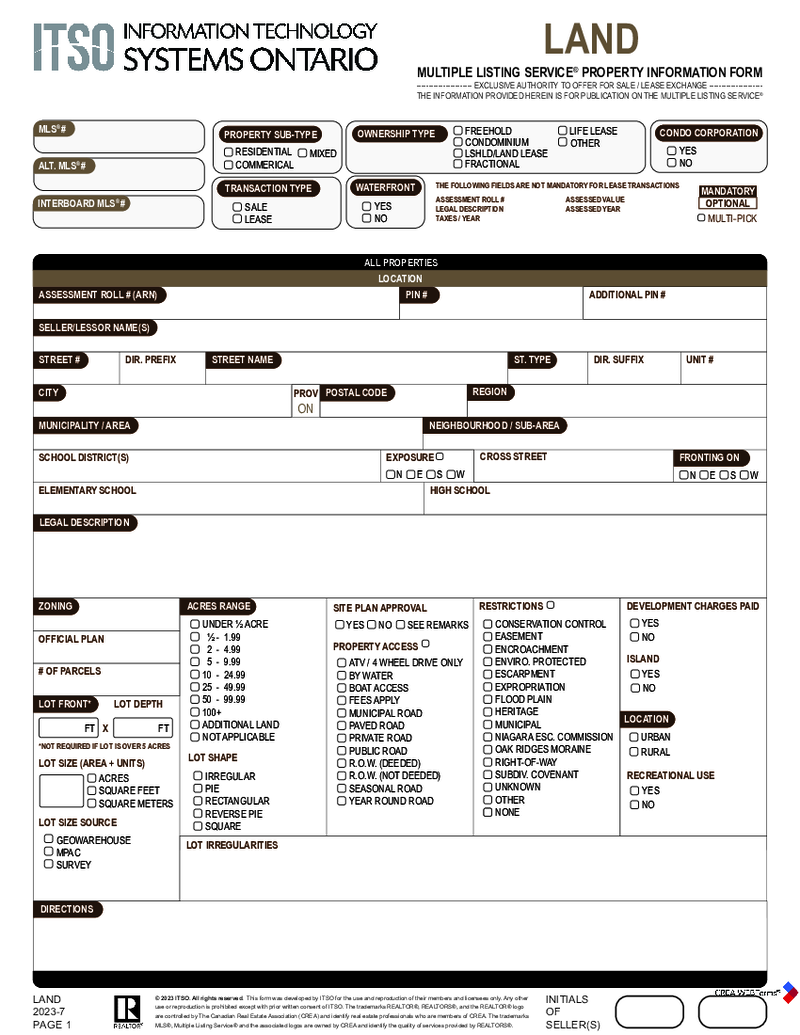 MLS Property Information Form - Land Sale and Lease