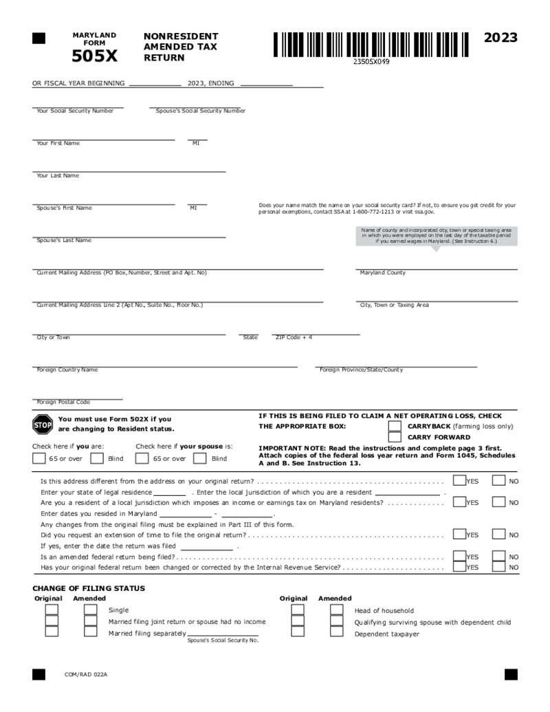 Maryland Tax Form 505X Nonresident Amended Tax Return