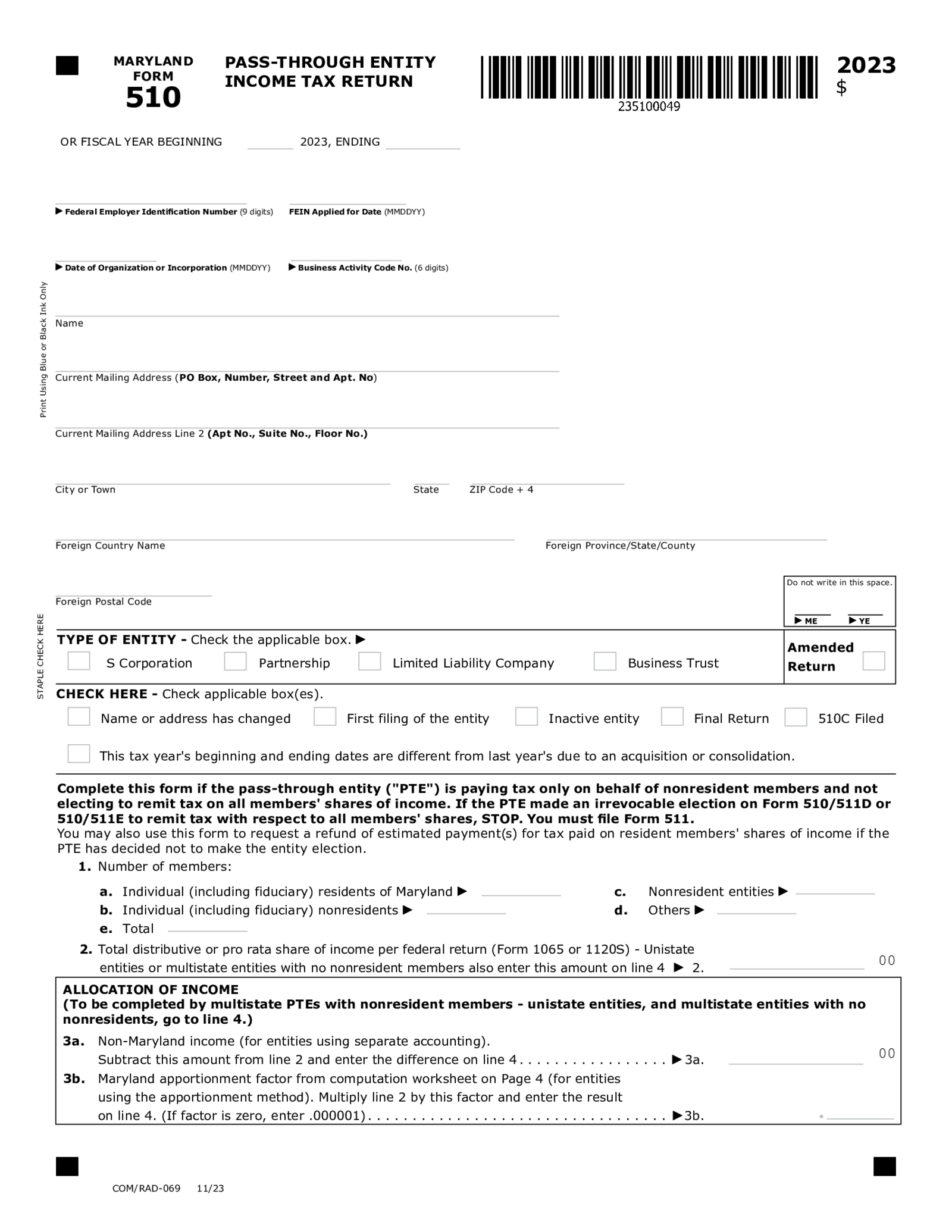 Form 510 Pass-Through Entity Tax Return - Thumbnail