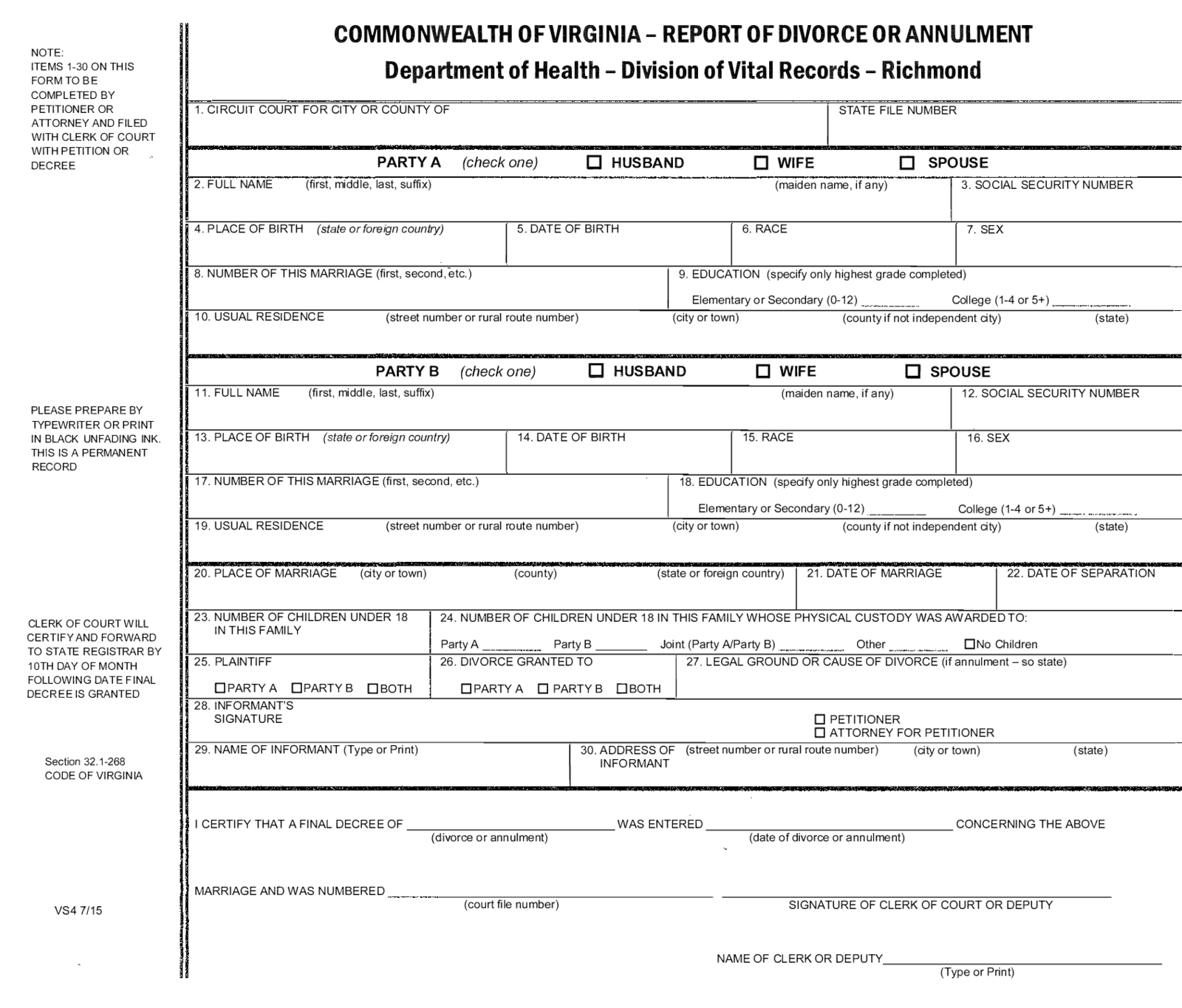 VS-4 Form Virginia Divorce Report - Thumbnail