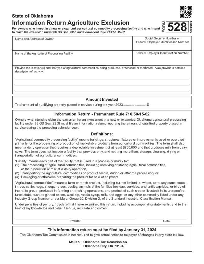 Oklahoma Form 528 - Information Return Agriculture Exclusion