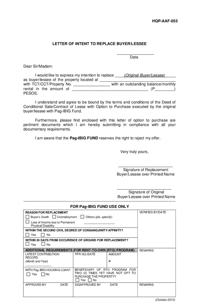 Pag IBIG Fund Letter of Intent to Replace Buyer or Lessee