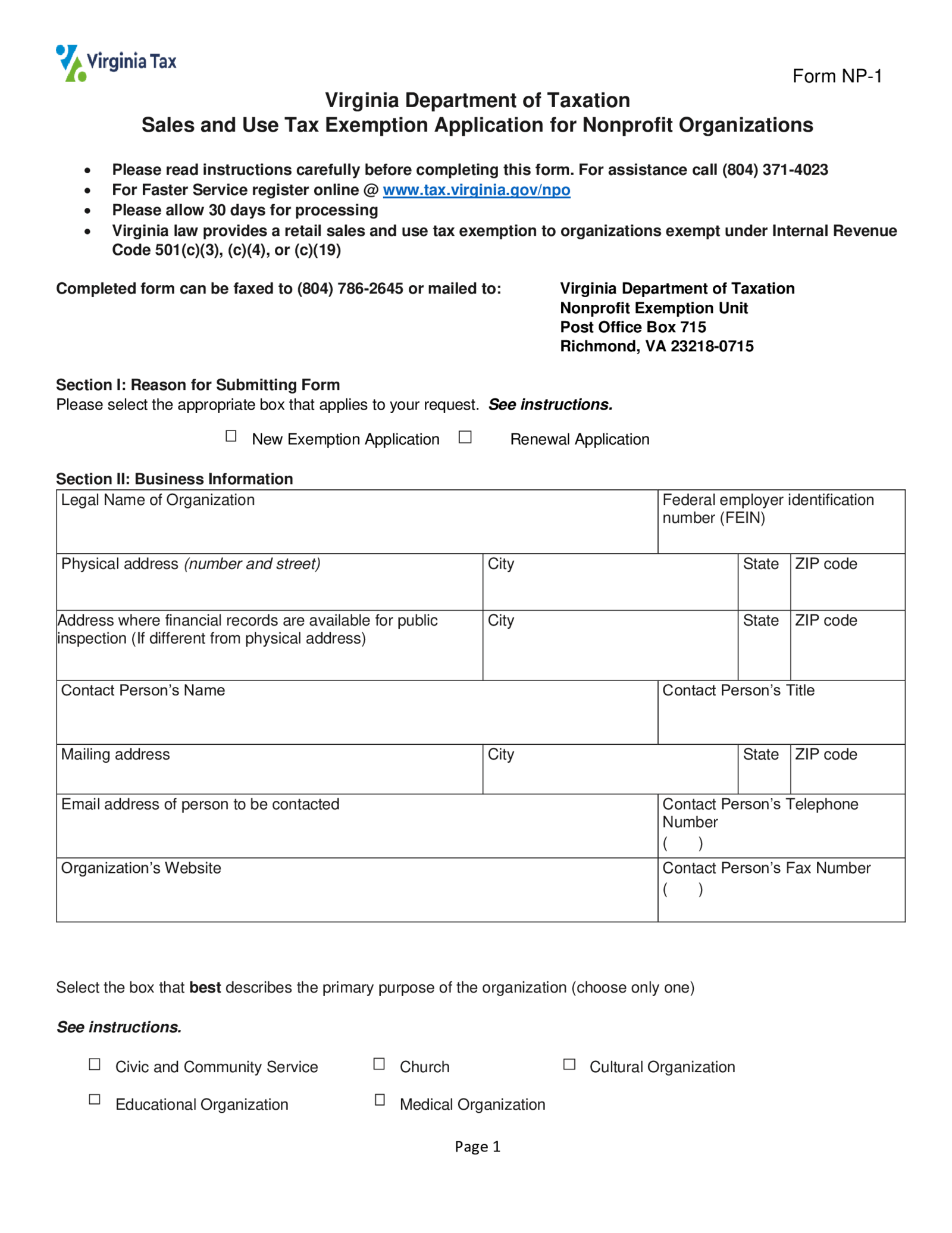 Fillable Virginia Tax Exemption Form - Thumbnail