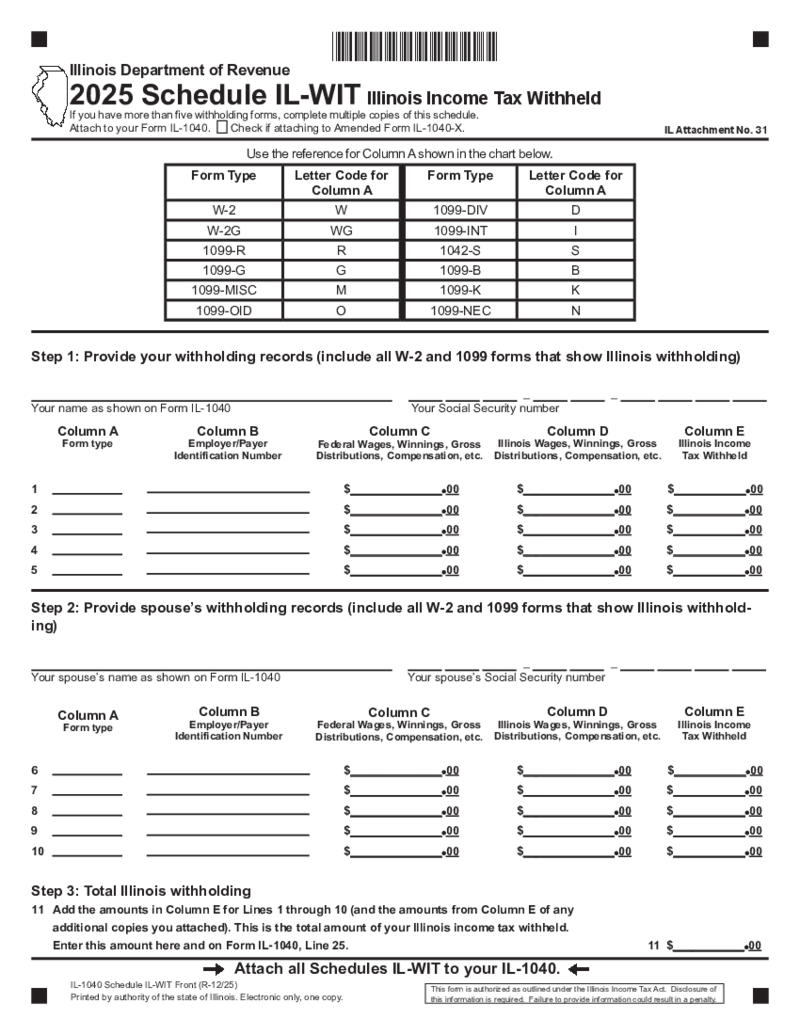 Illinois Tax Form 1040 Schedule IL-WIT