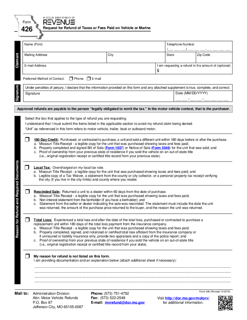 Form 426 - Request for Refund of Taxes or Fees Paid on