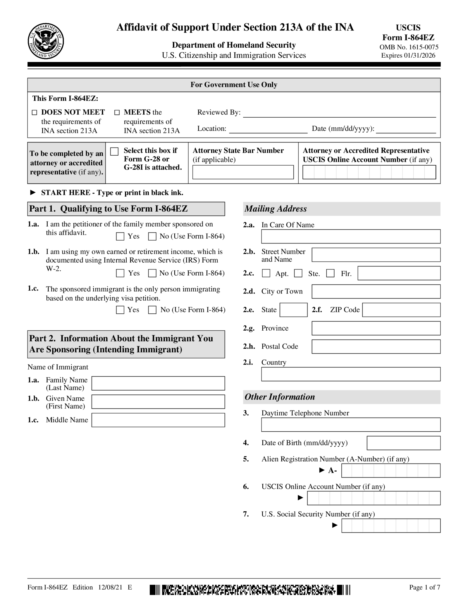 USCIS I-864EZ - Thumbnail