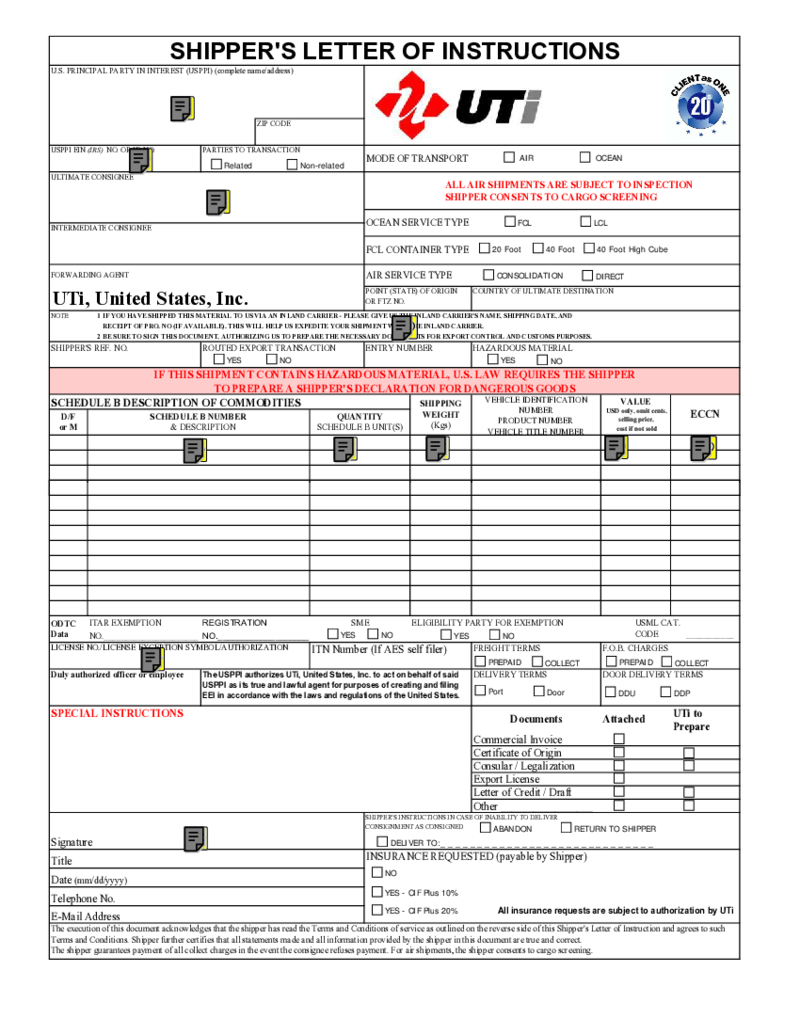 Shippers Letter of Instructions