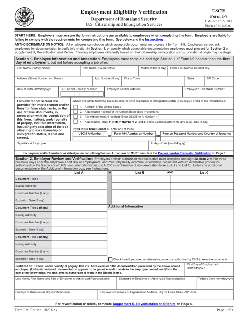 Form I-9 - Employment Eligibility Verification