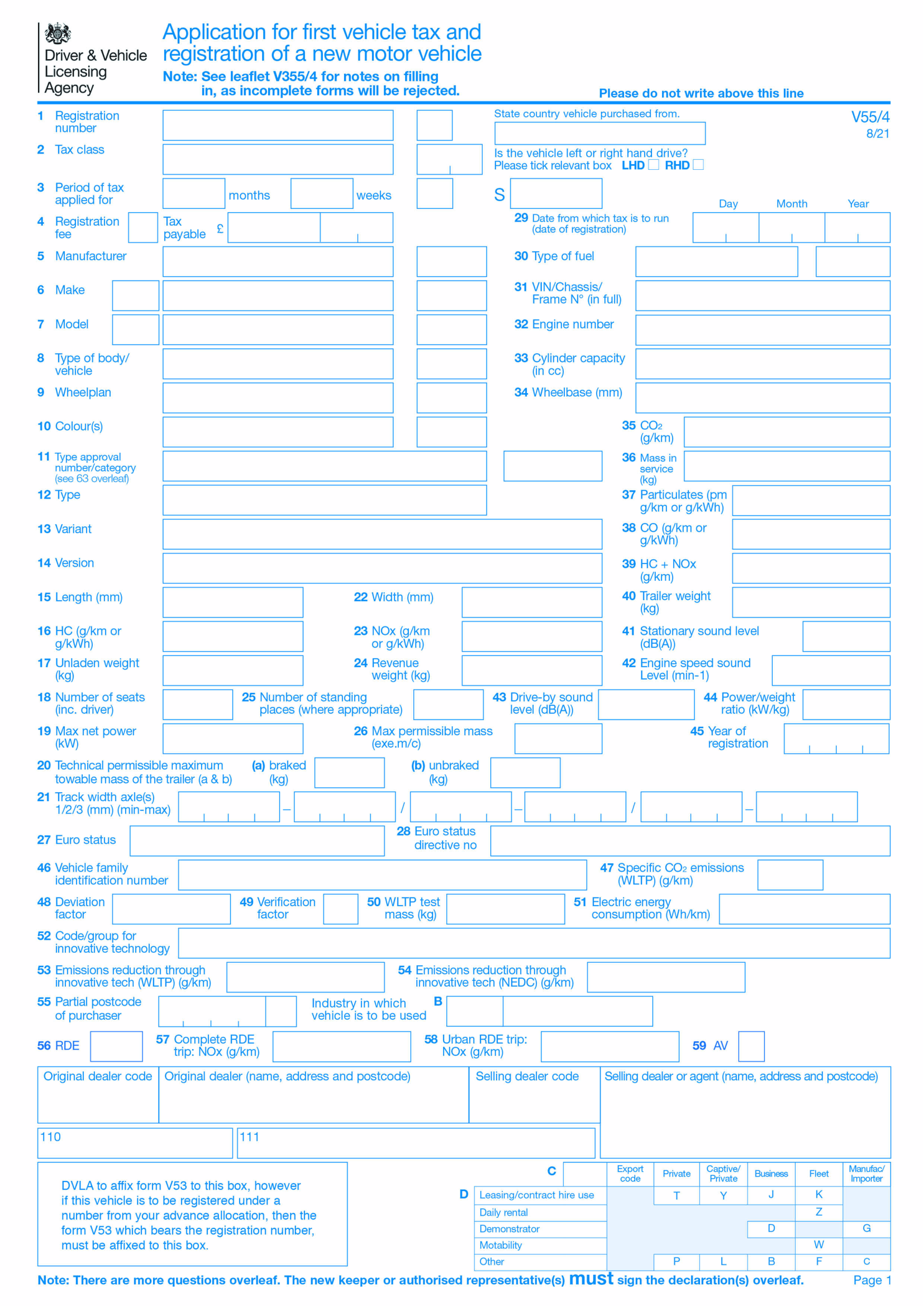 Form V55 4 Application For First Vehicle Tax And Registration - Thumbnail