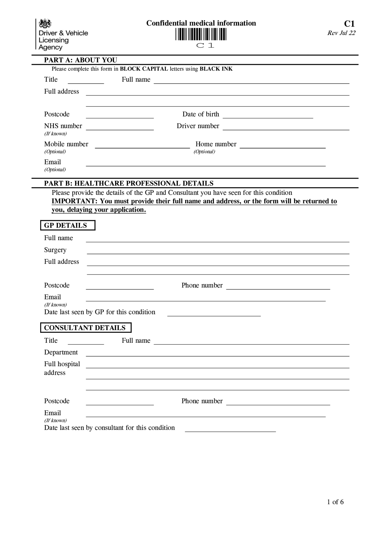 DVLA C1 Form - Confirmation medical information - Thumbnail