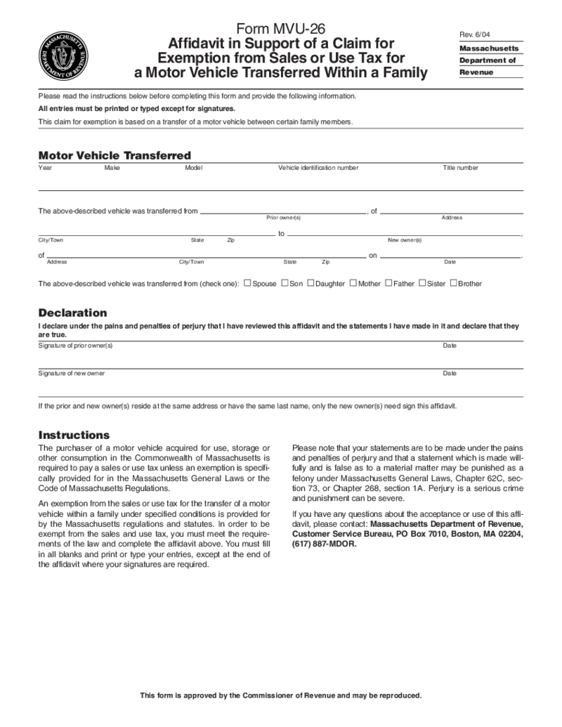 Form MVU-26 Affidavit in Support of a Claim