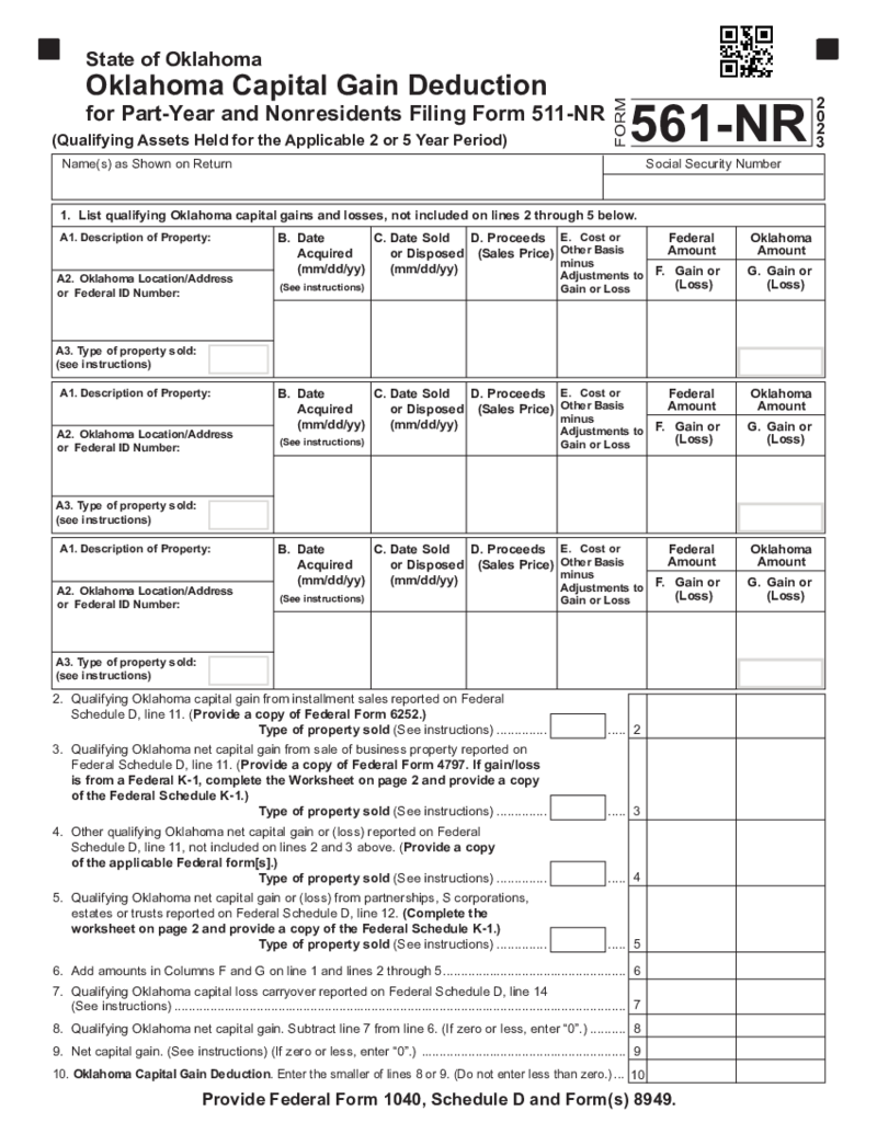 Form 561-NR Oklahoma Capital Gain Deduction for Part-Year and Nonresidents Filing Form 511NR