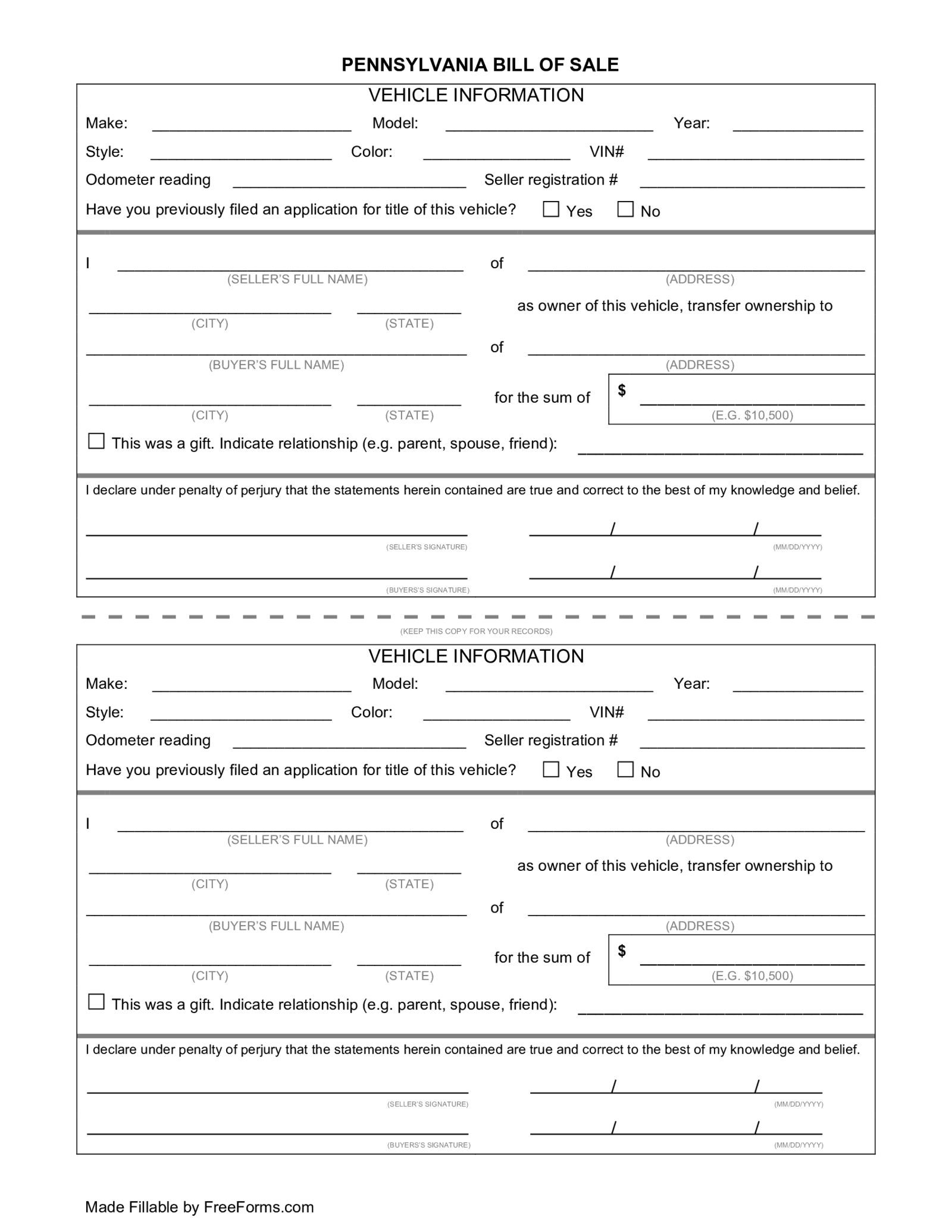 Pennsylvania Bill of Sale - Thumbnail