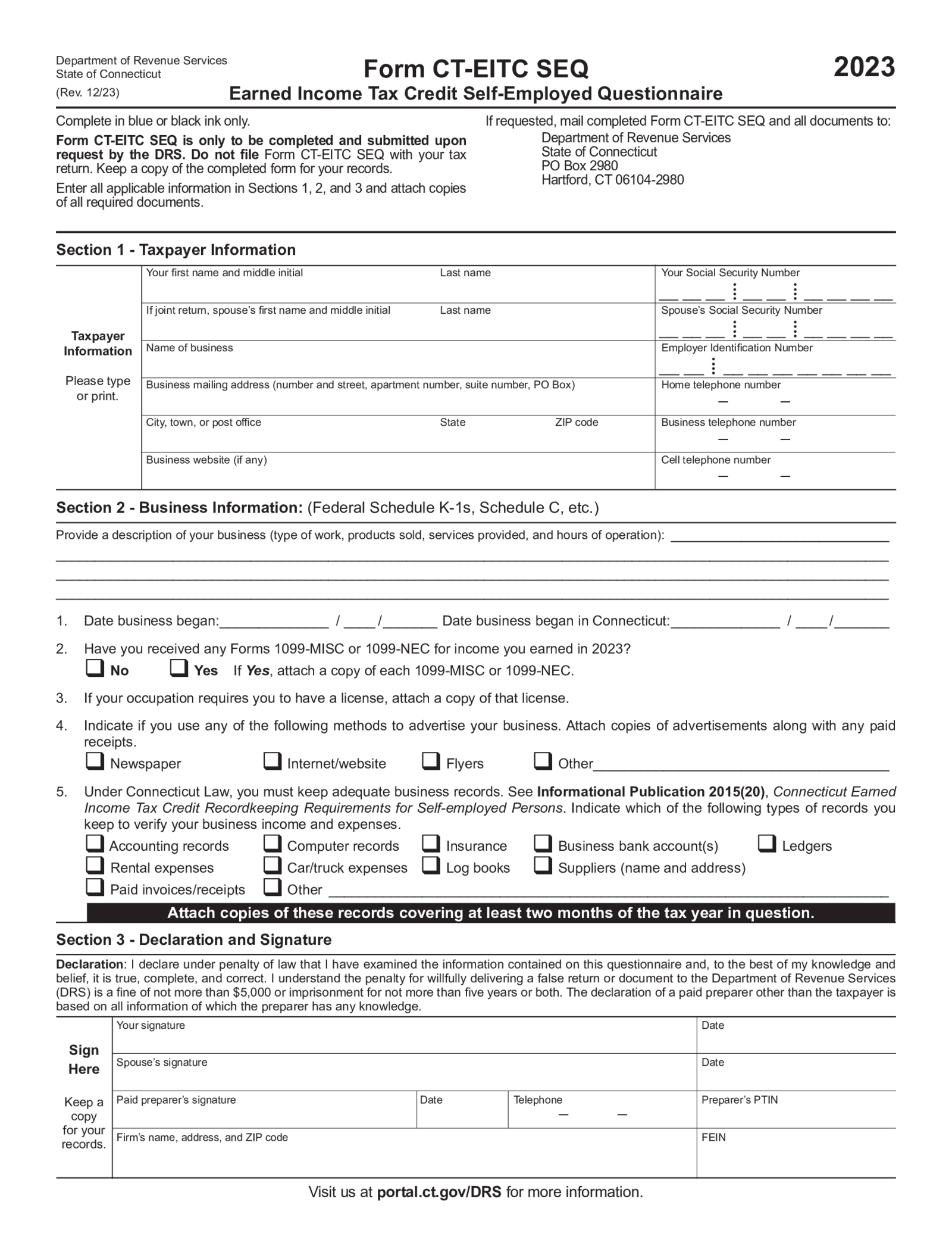 Connecticut Form CT-EITC SEQ - Thumbnail