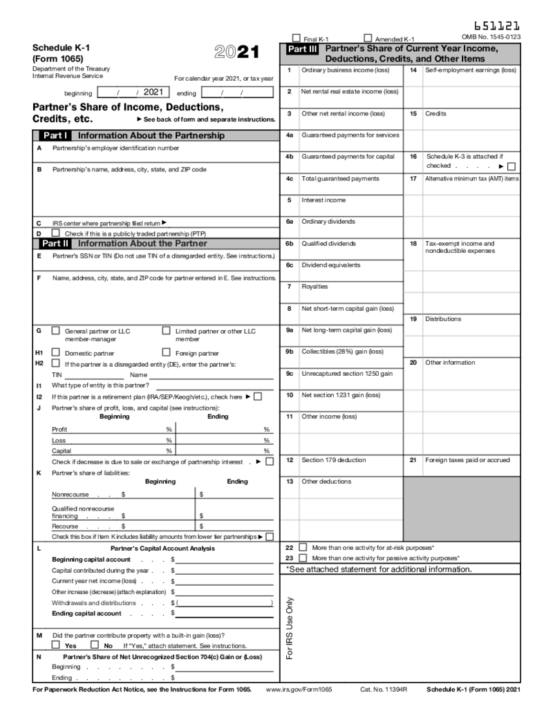 Schedule K-1 Form 1065 (2021)