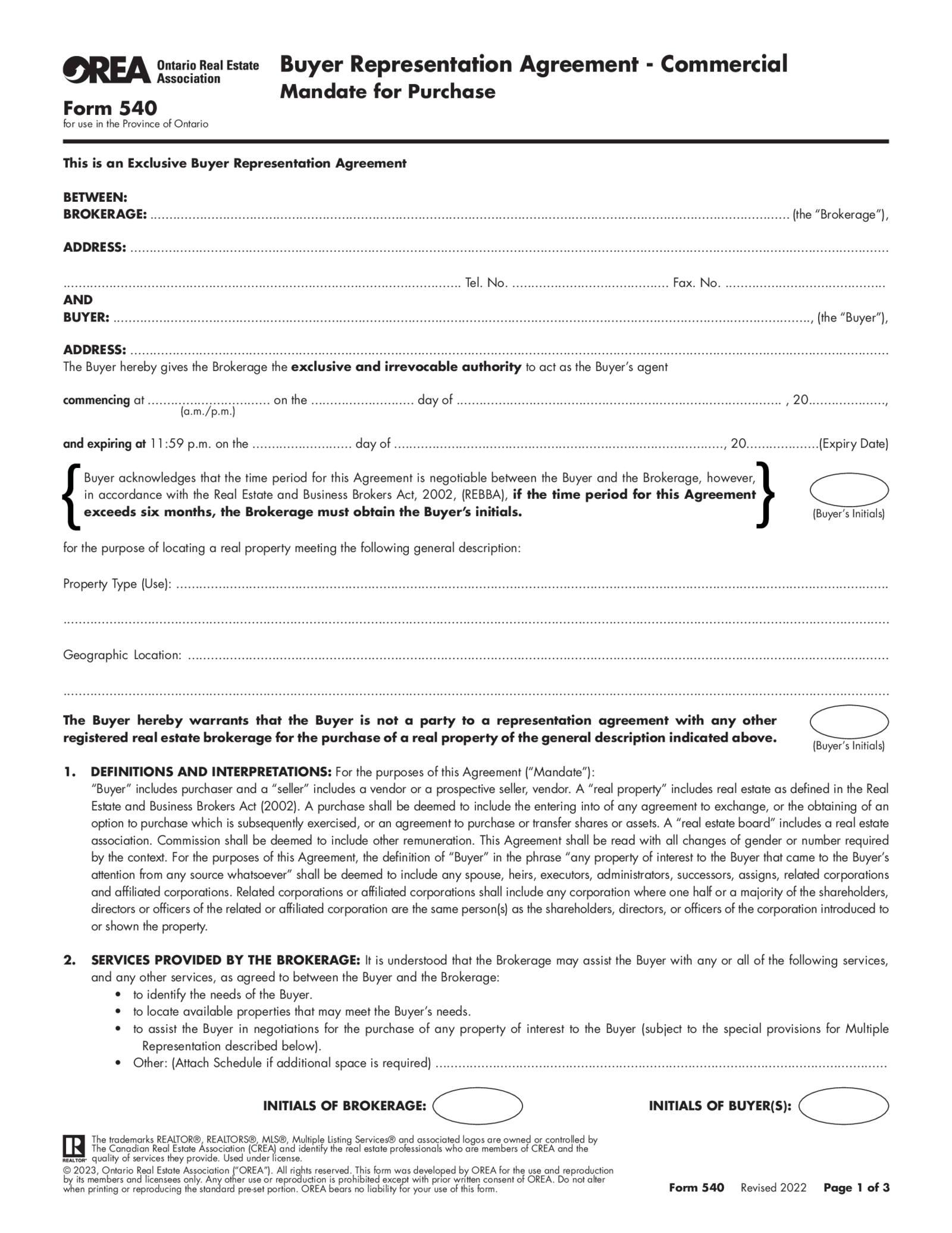 OREA Form 540, Buyer Representation Agreement, Commercial - Thumbnail