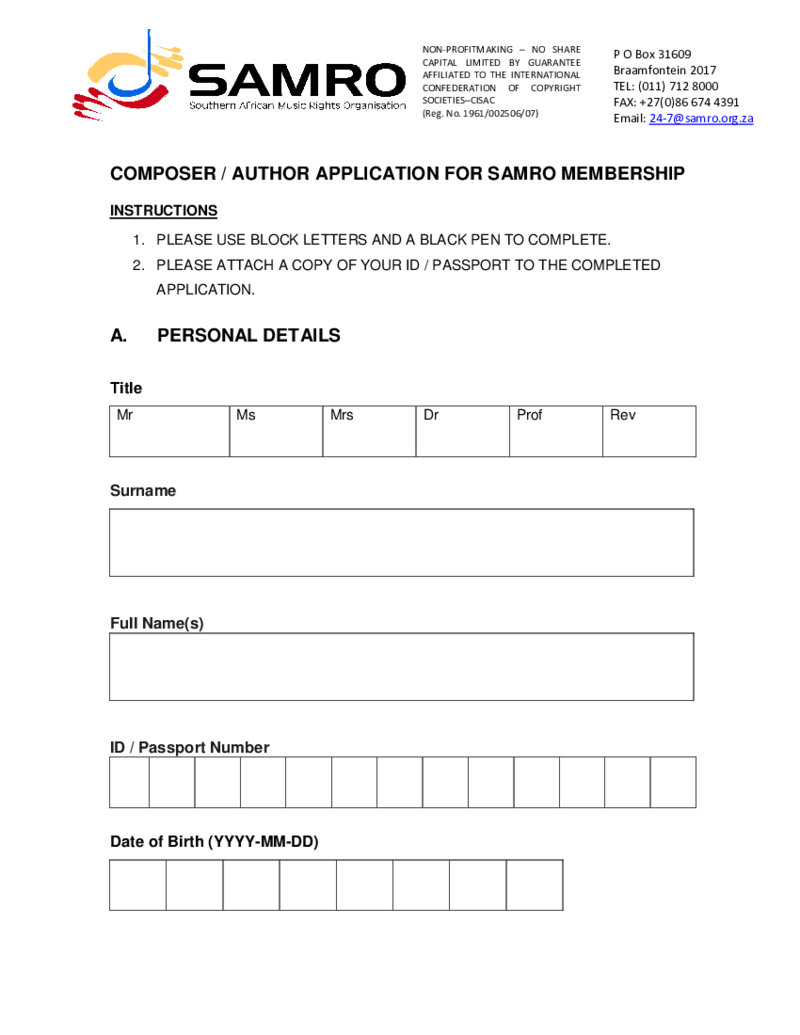 ZA (Composer) Author Application for Samro Membership