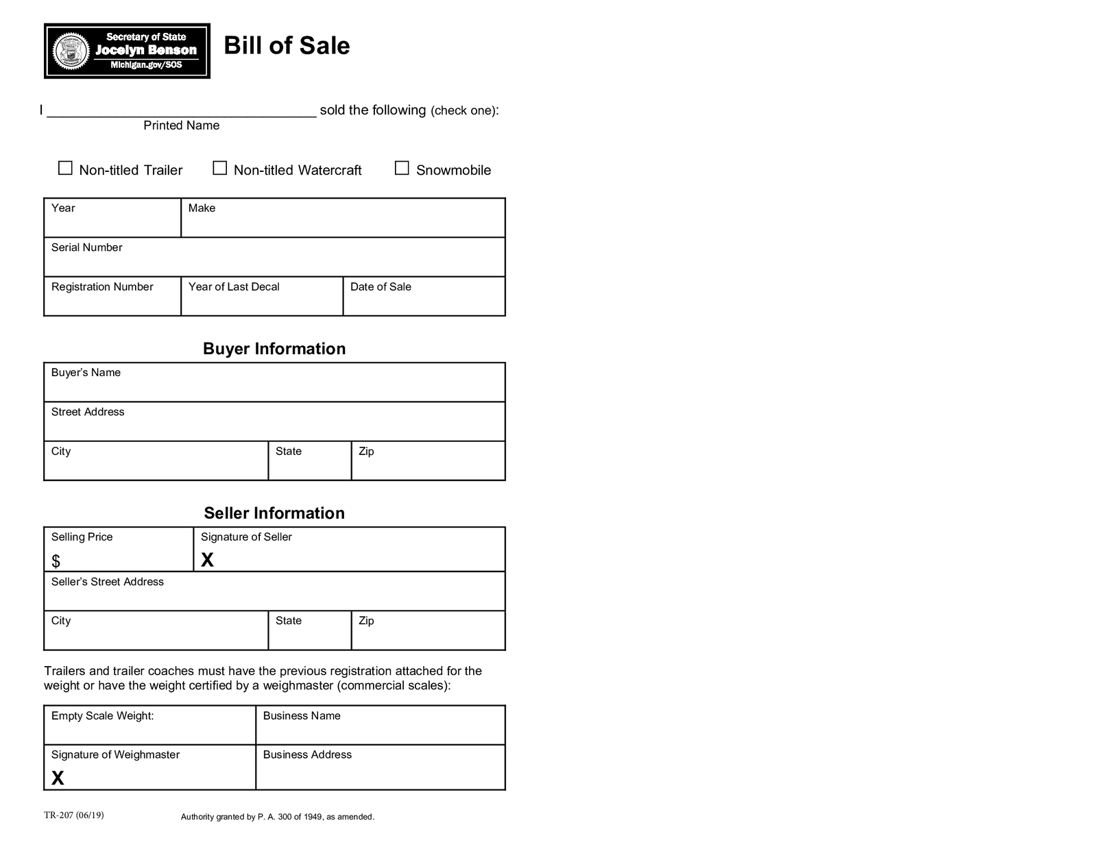 Michigan Bill of Sale Form - TR-207 - Thumbnail