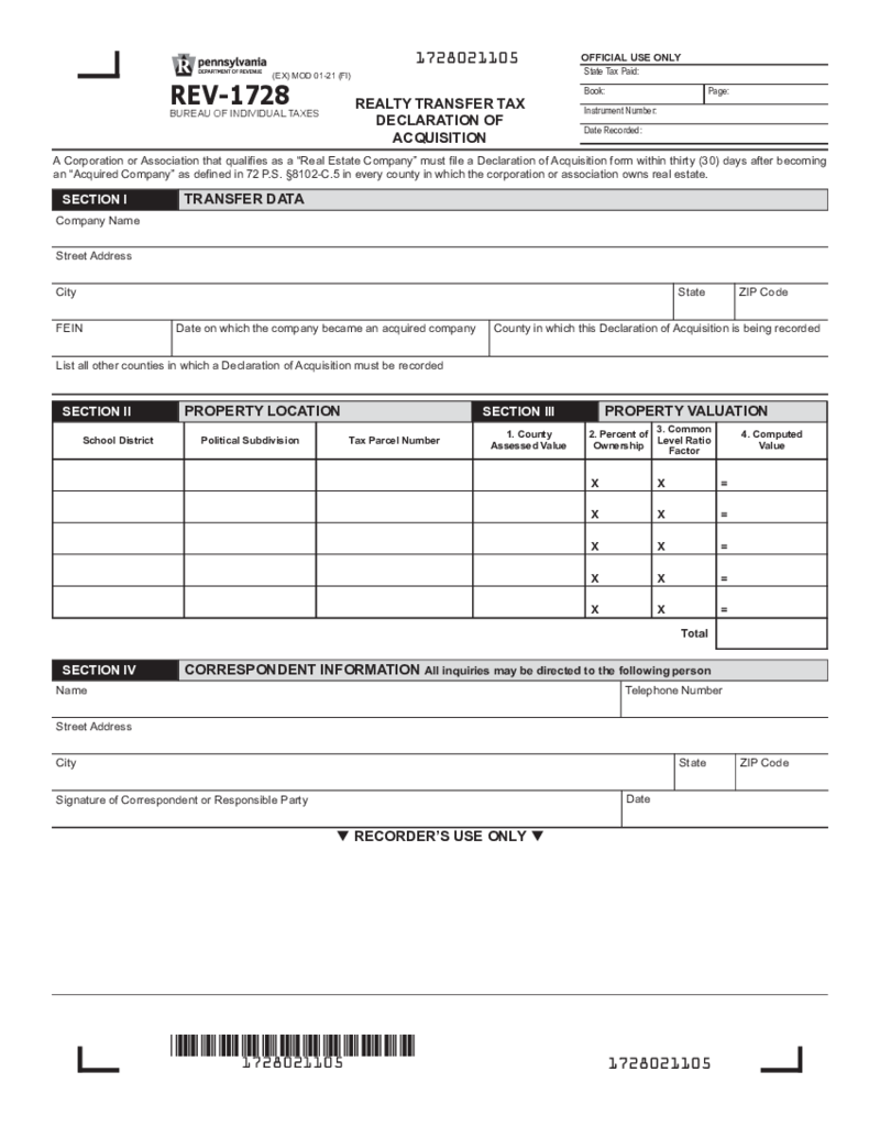 REV-1728 - Realty Transfer Tax Declaration of Acquisition