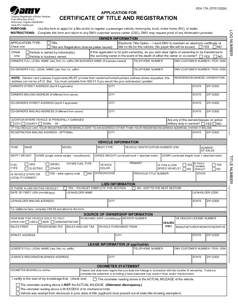 VA DMV Title and Registration Form VSA 17A