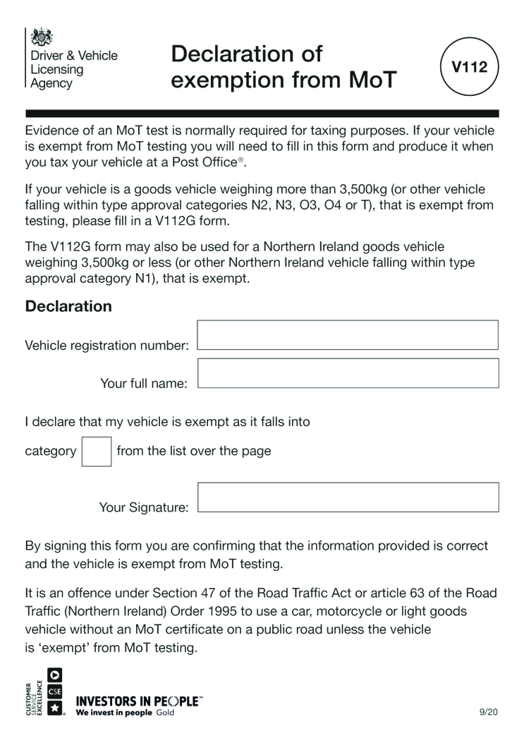 Declaration of exemption from MOT (V112)