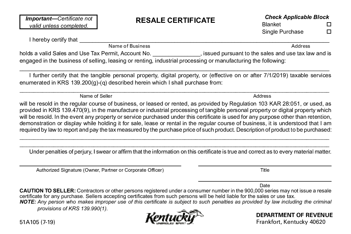 Fillable Form 51A105 - Resale Certificate (Kentucky) - Thumbnail