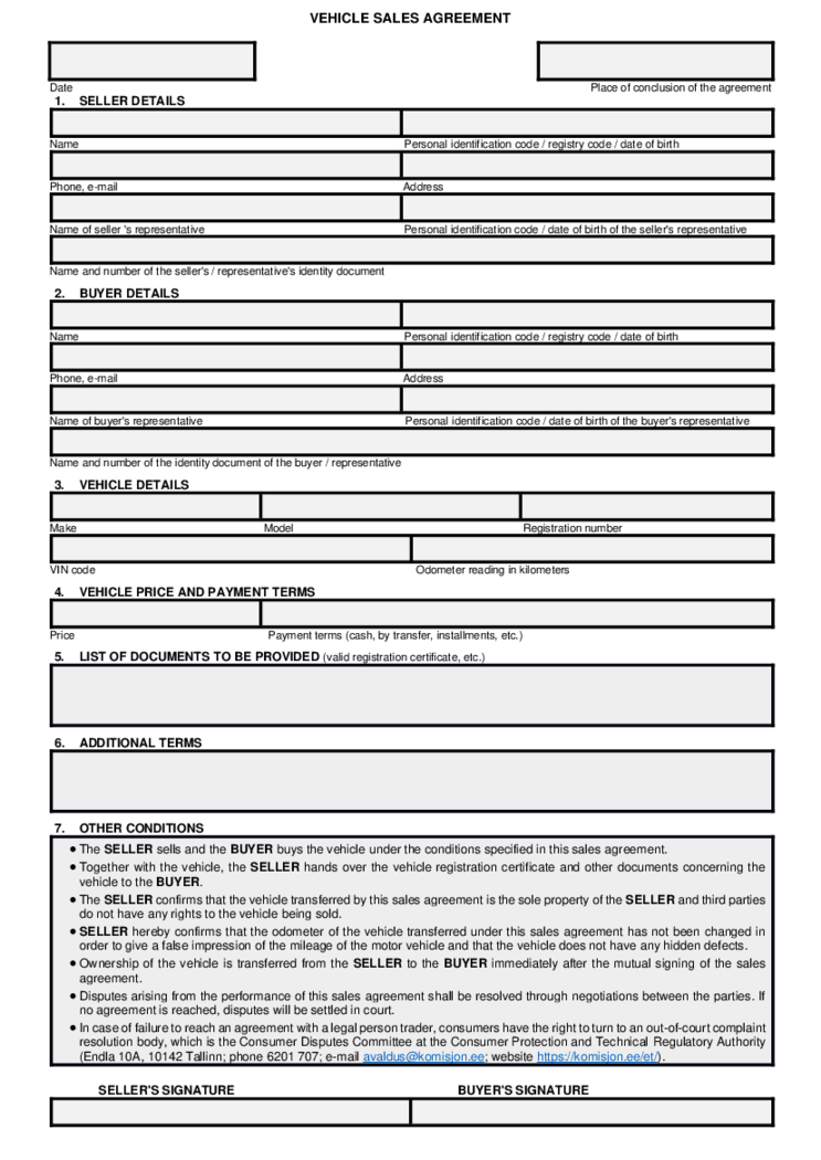 Car Sales Agreement Template