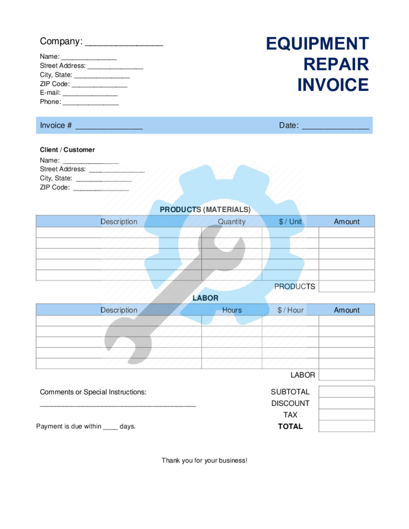 Equipment Repair Invoice Template