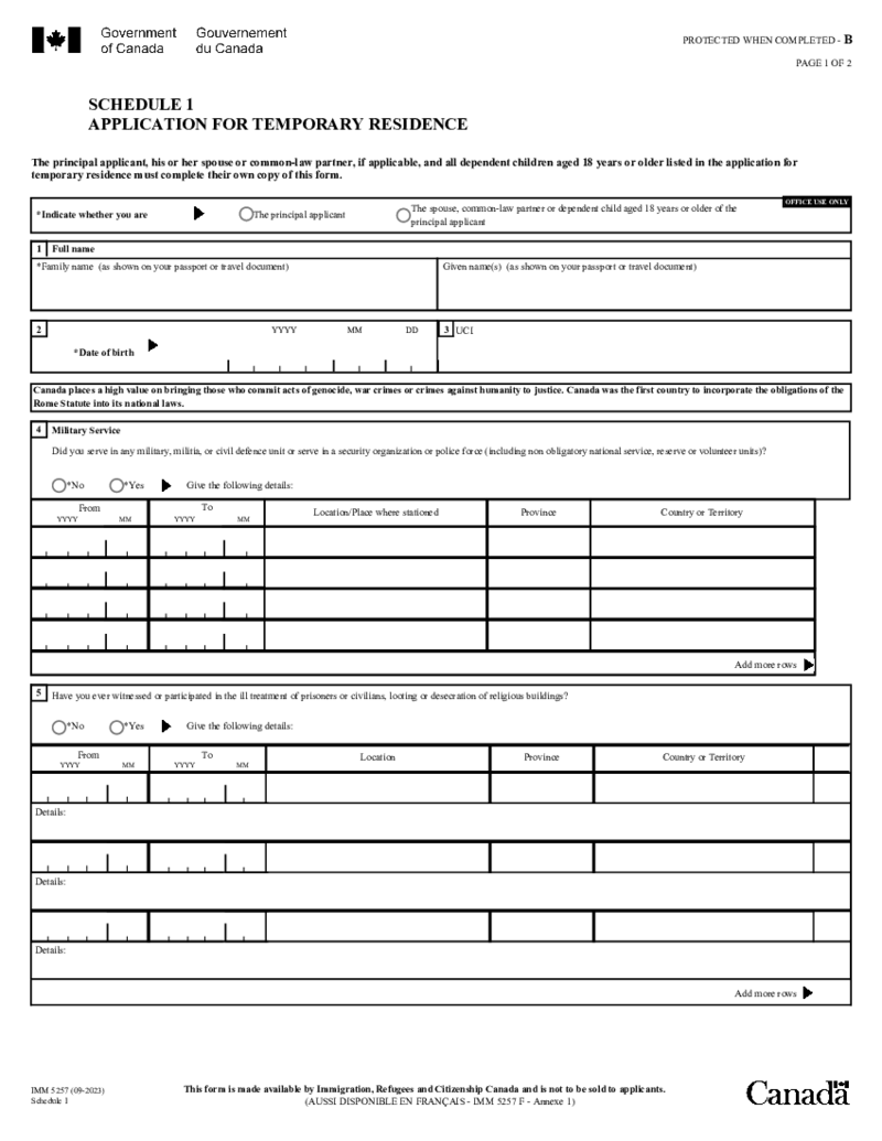 Form Canada IMM 5257 Schedule 1