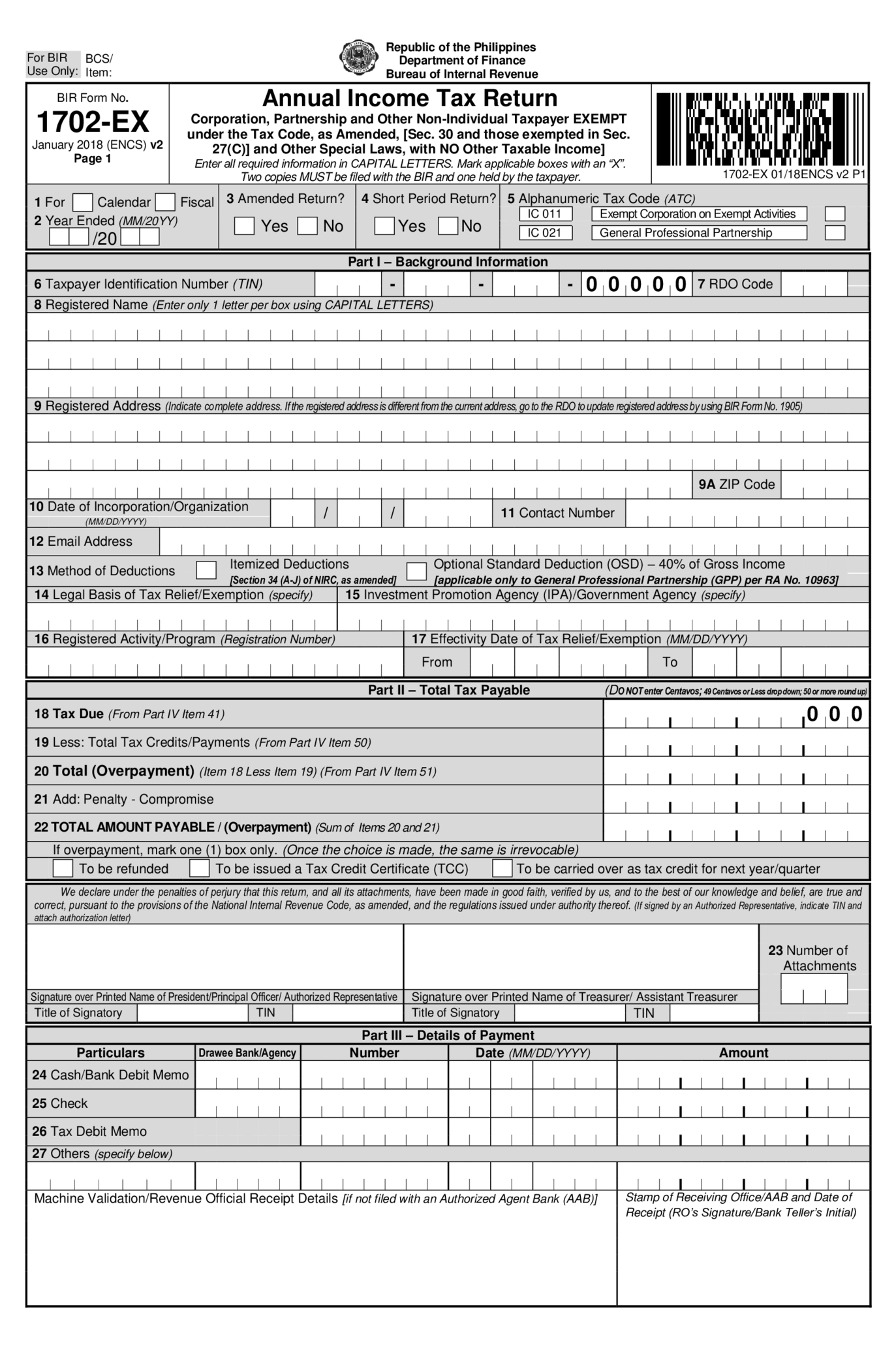 Fillable BIR Form 1702-EX - Thumbnail