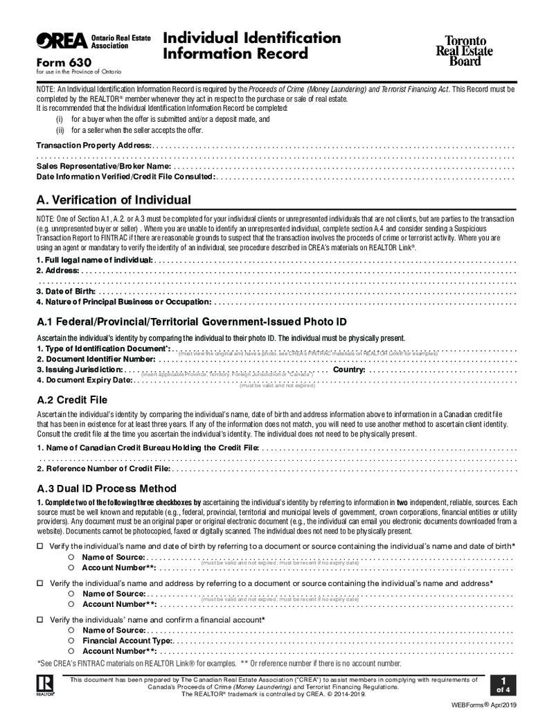 OREA Form 630, Individual Identification Information Record