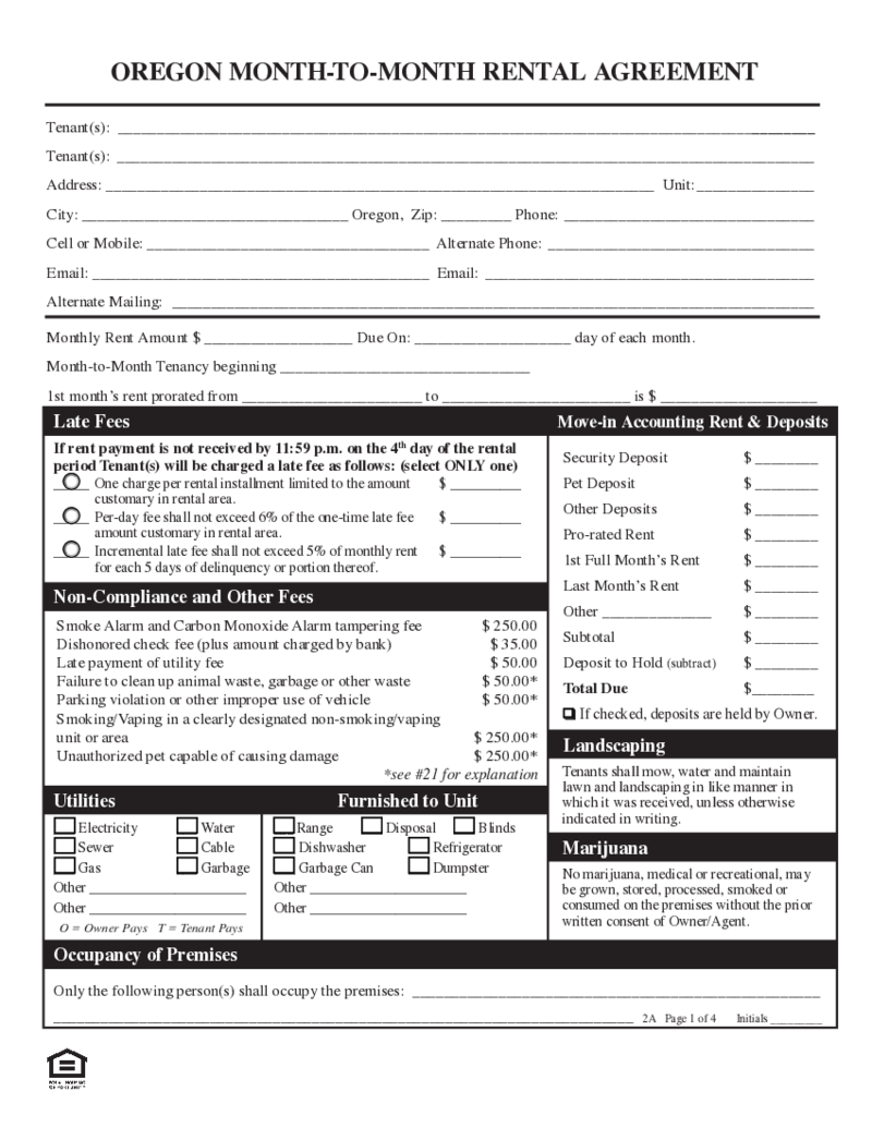 Oregon Month-to-Month Rental Agreement