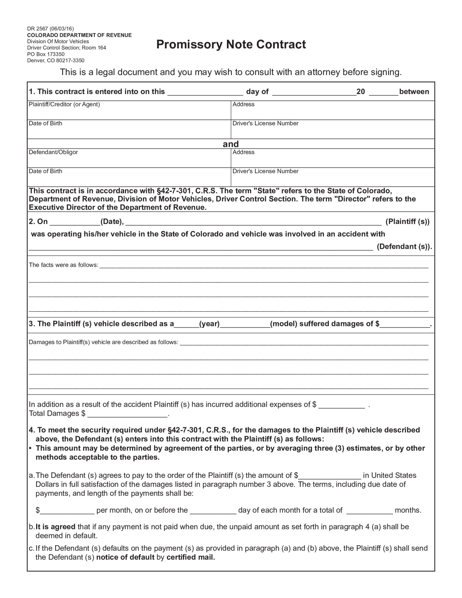 Fillable DR 2567 - Promissory Note Contract - Thumbnail