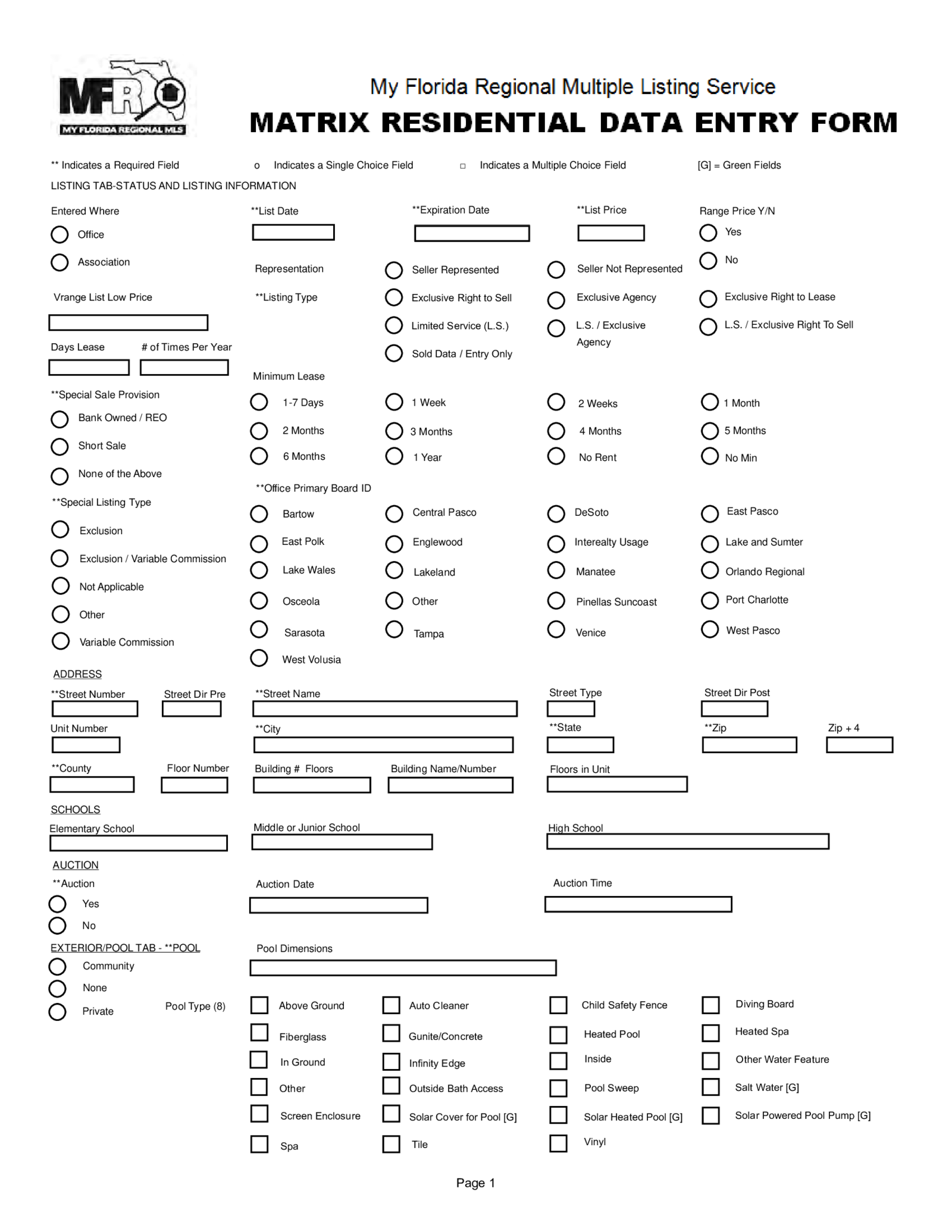 MFR Matrix MLS Residential Listing Form - Thumbnail