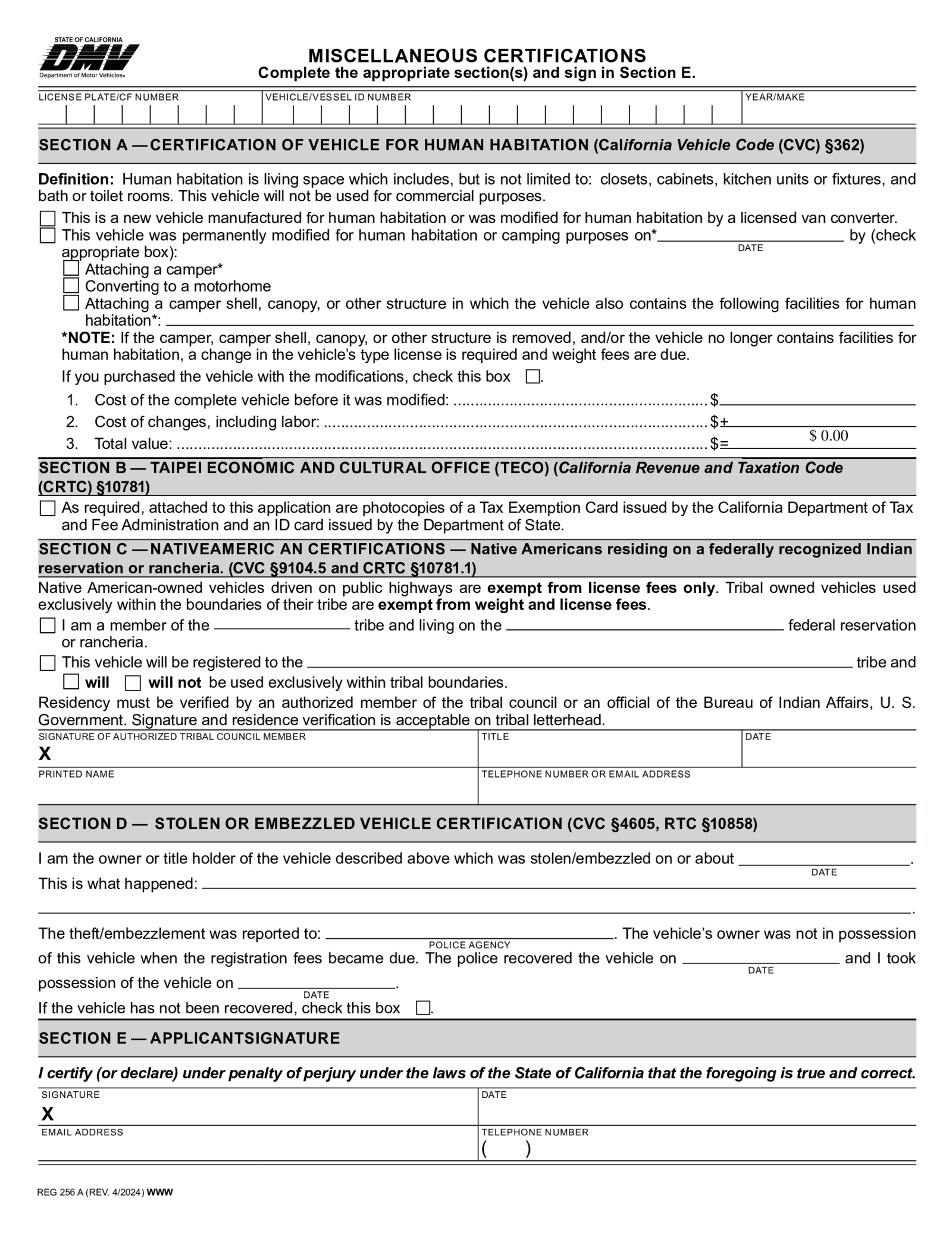 REG 256A Miscellaneous Certifications - Thumbnail