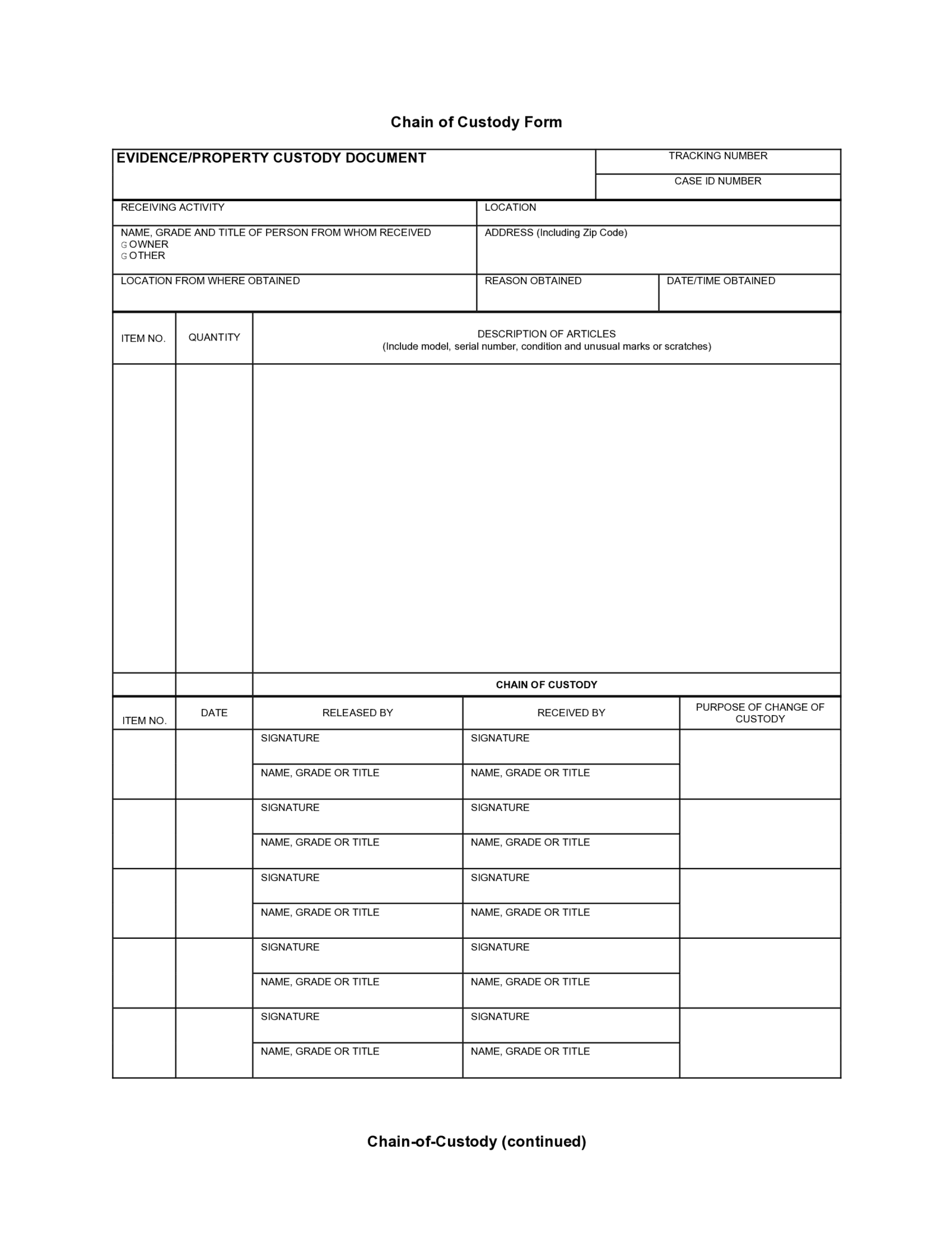 Fillable Chain of Custody Form - Thumbnail