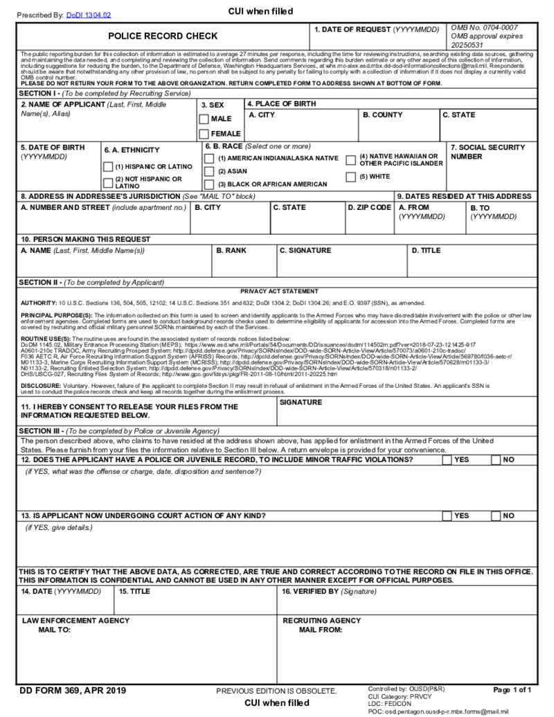 DD Form 369, Police Record Check