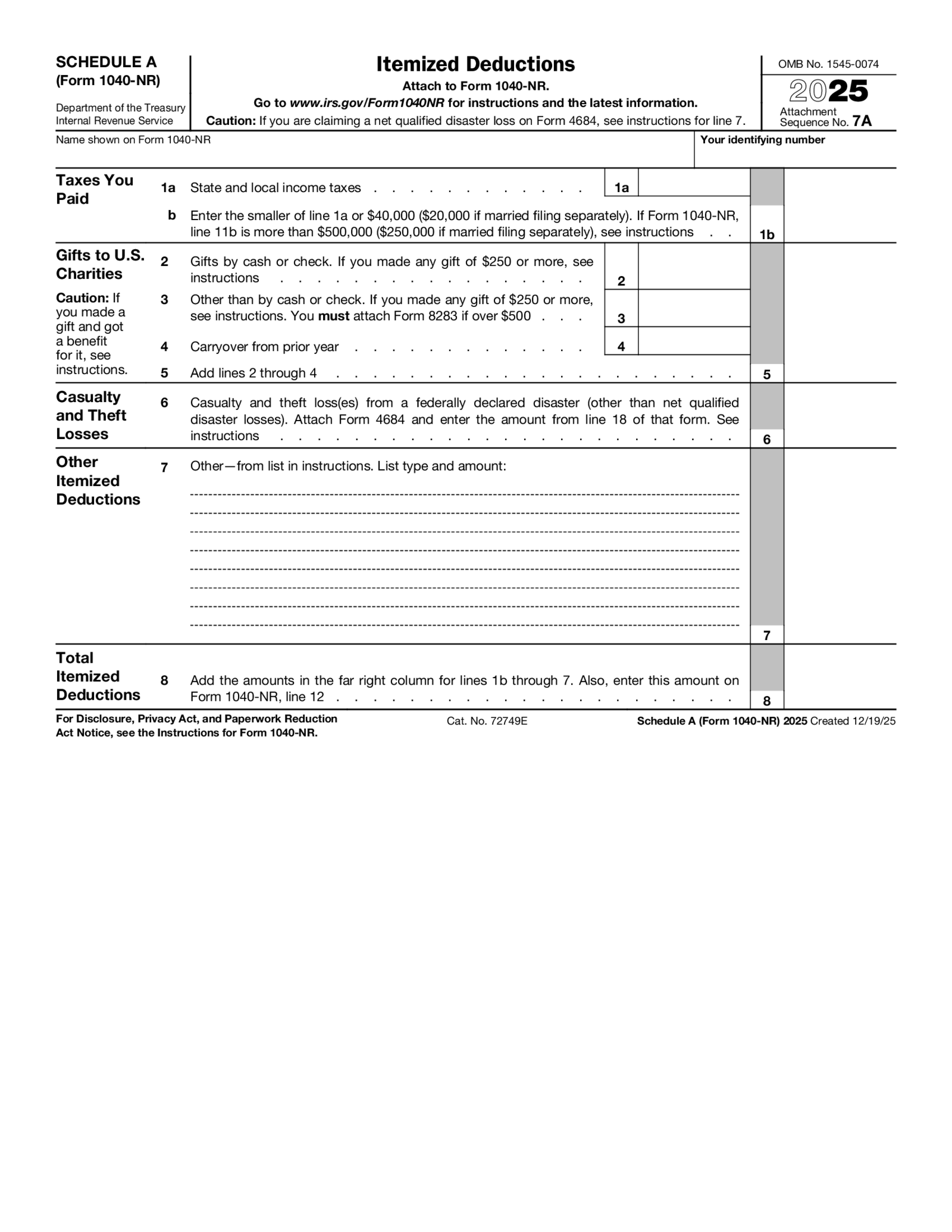 Schedule A - Form 1040-NR - Thumbnail