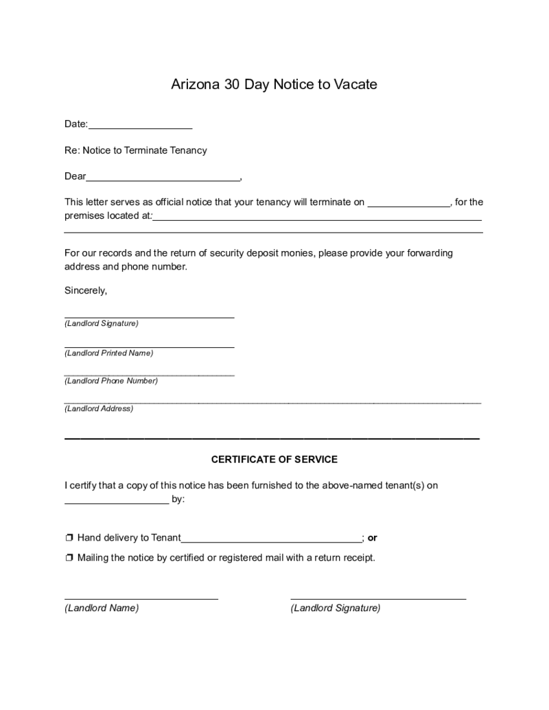 Arizona 30 Day Notice to Vacate