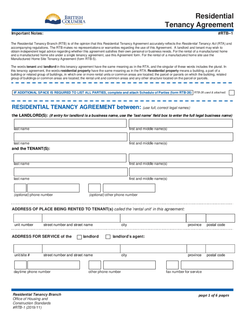 CA RTB-1, Residential Tenancy Agreement