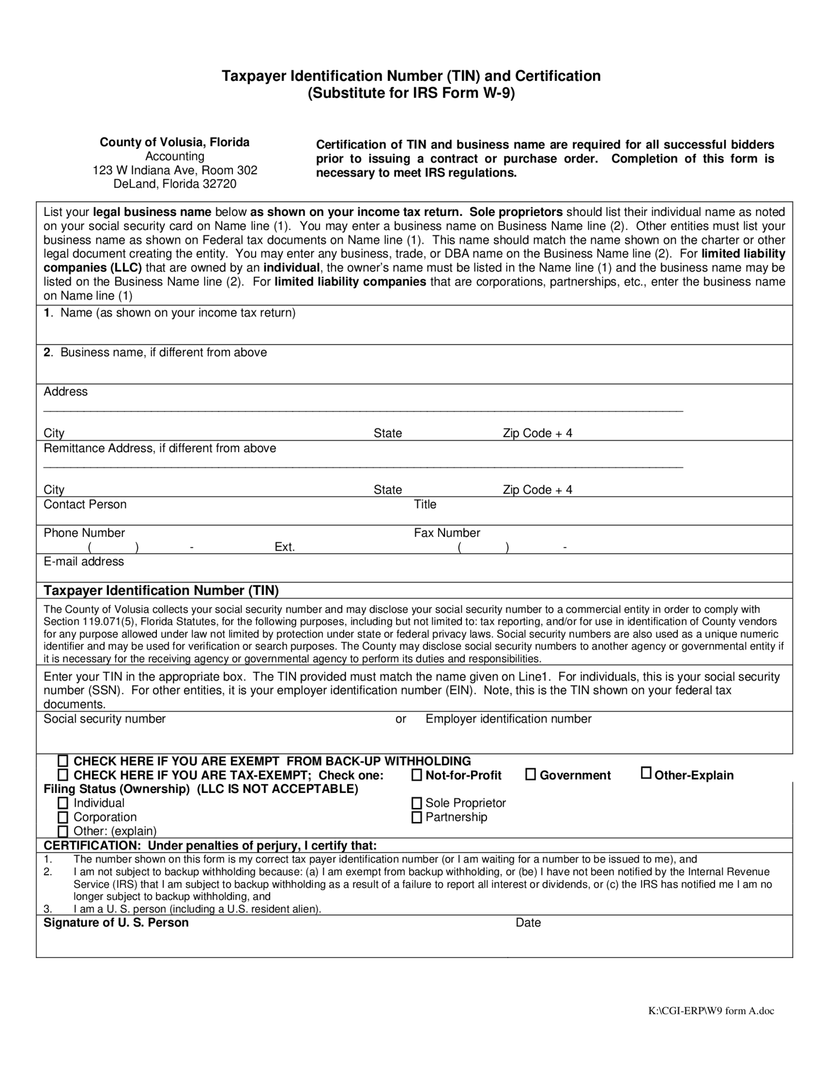 Request for Taxpayer Identification Number and Certification - Thumbnail