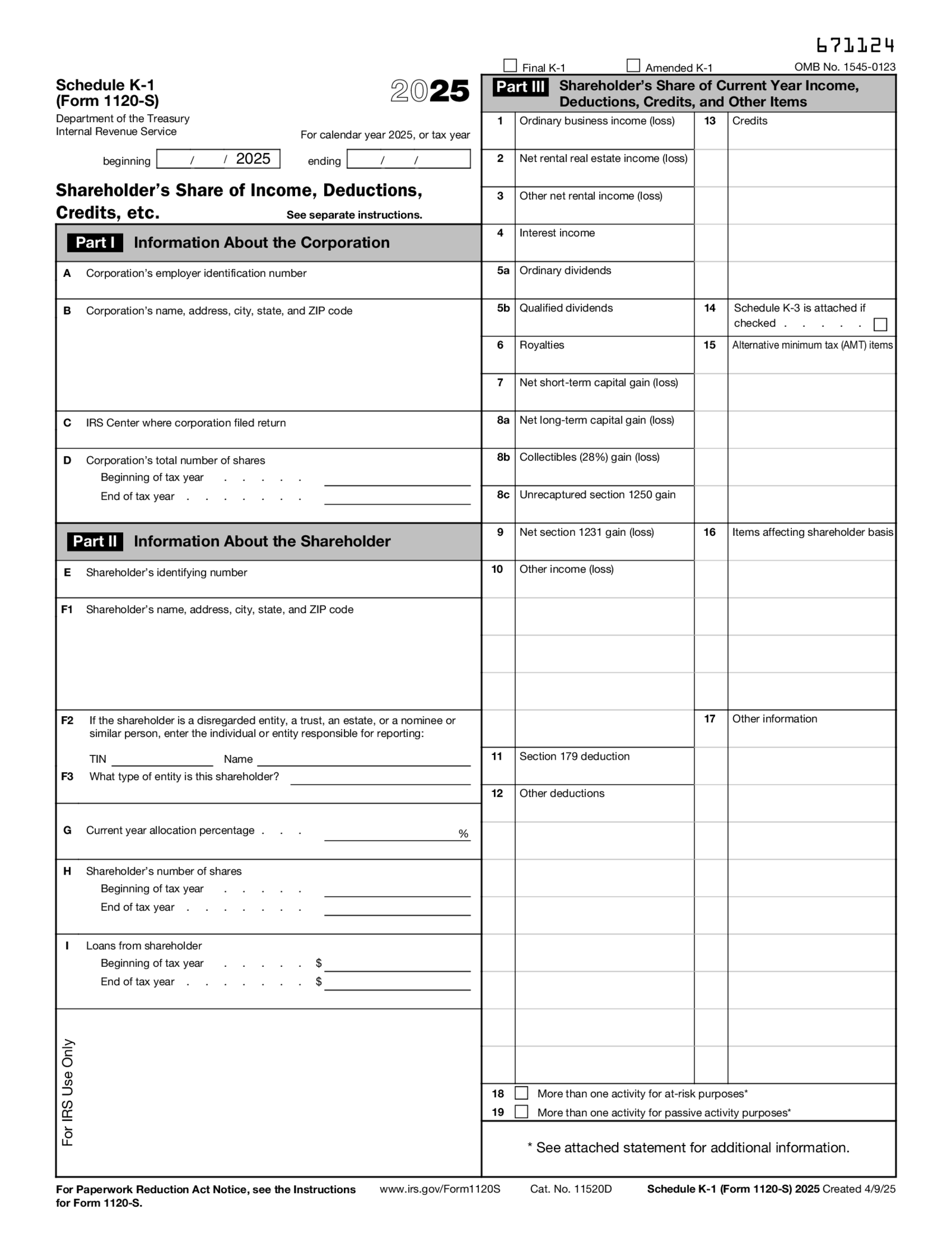 Schedule K-1 (Form 1120-S) 2025 - Thumbnail