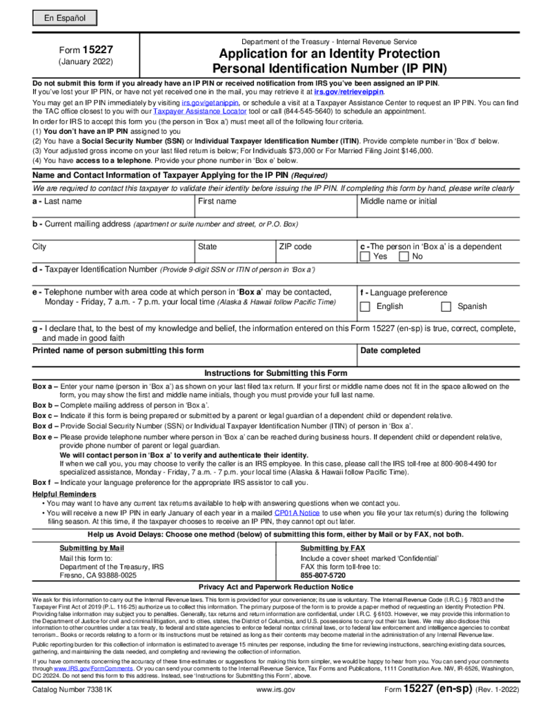 IRS IP PIN Application - Form 15227