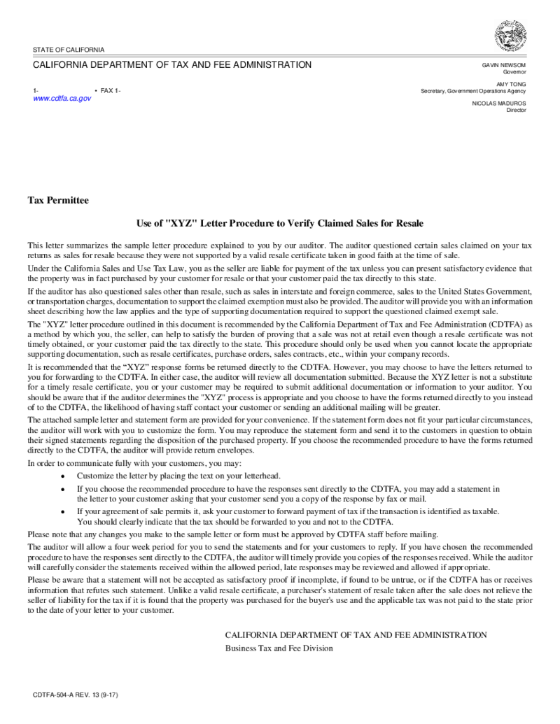 CDTFA-504-A, Use of XYZ Letter Procedure to Verify Claimed Sales for Resale