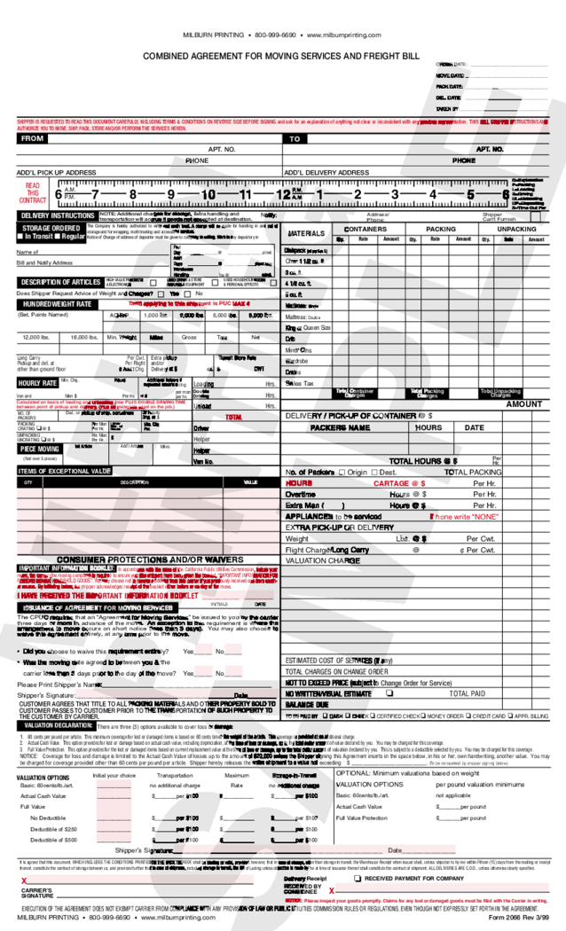 Moving Company Bill Of Lading Template