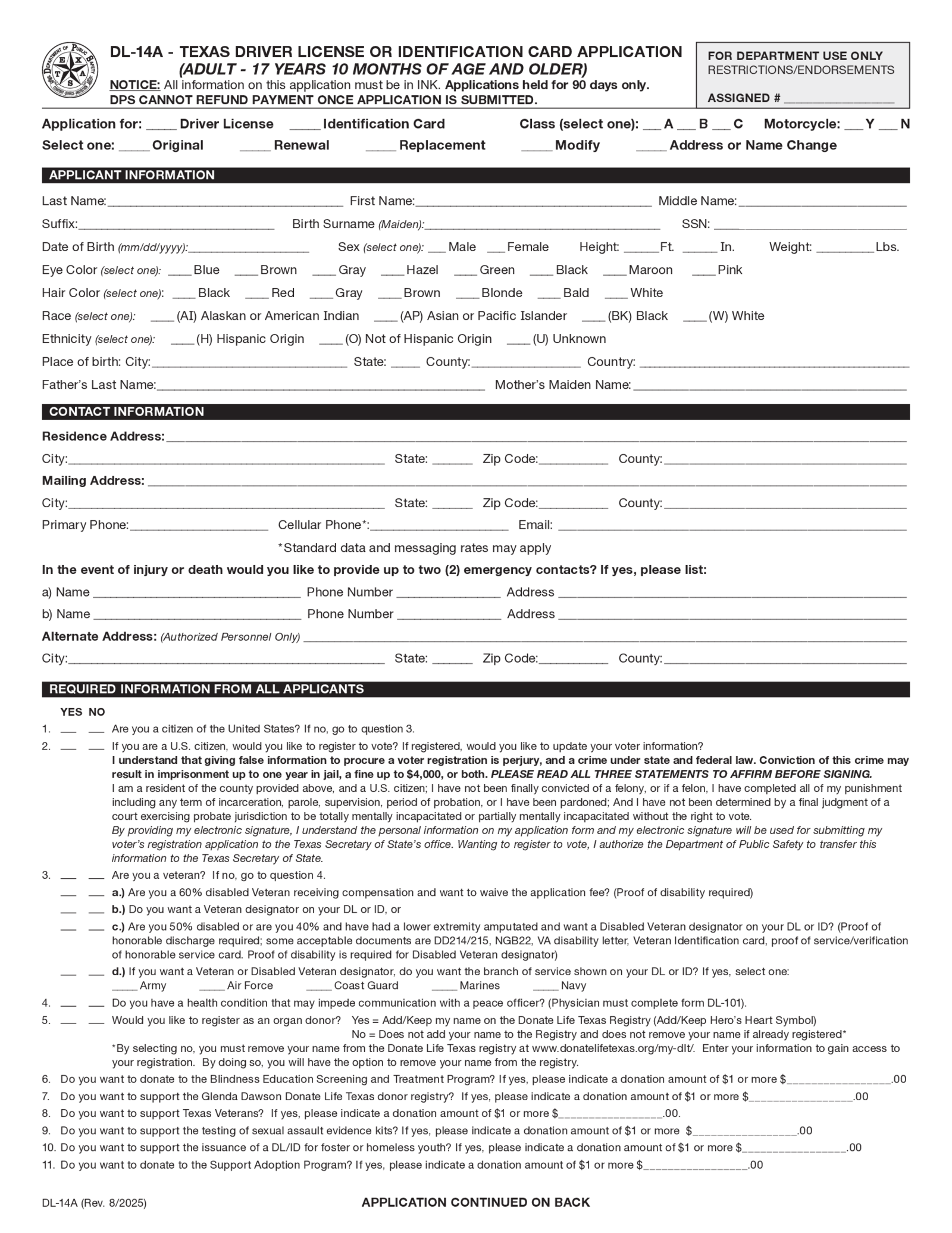 Texas Driver License Replacement - DL-14A - Thumbnail